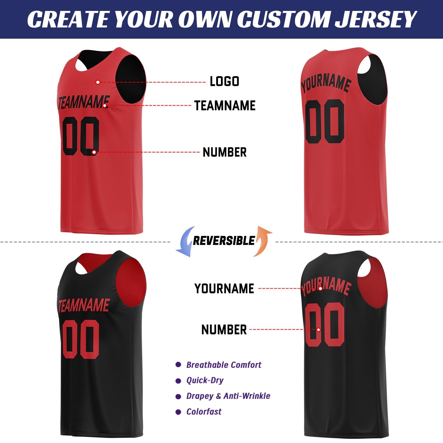 Custom Red & Black Double Sided Basketball Uniform Set | Breathable Mesh Tank Top and Shorts
