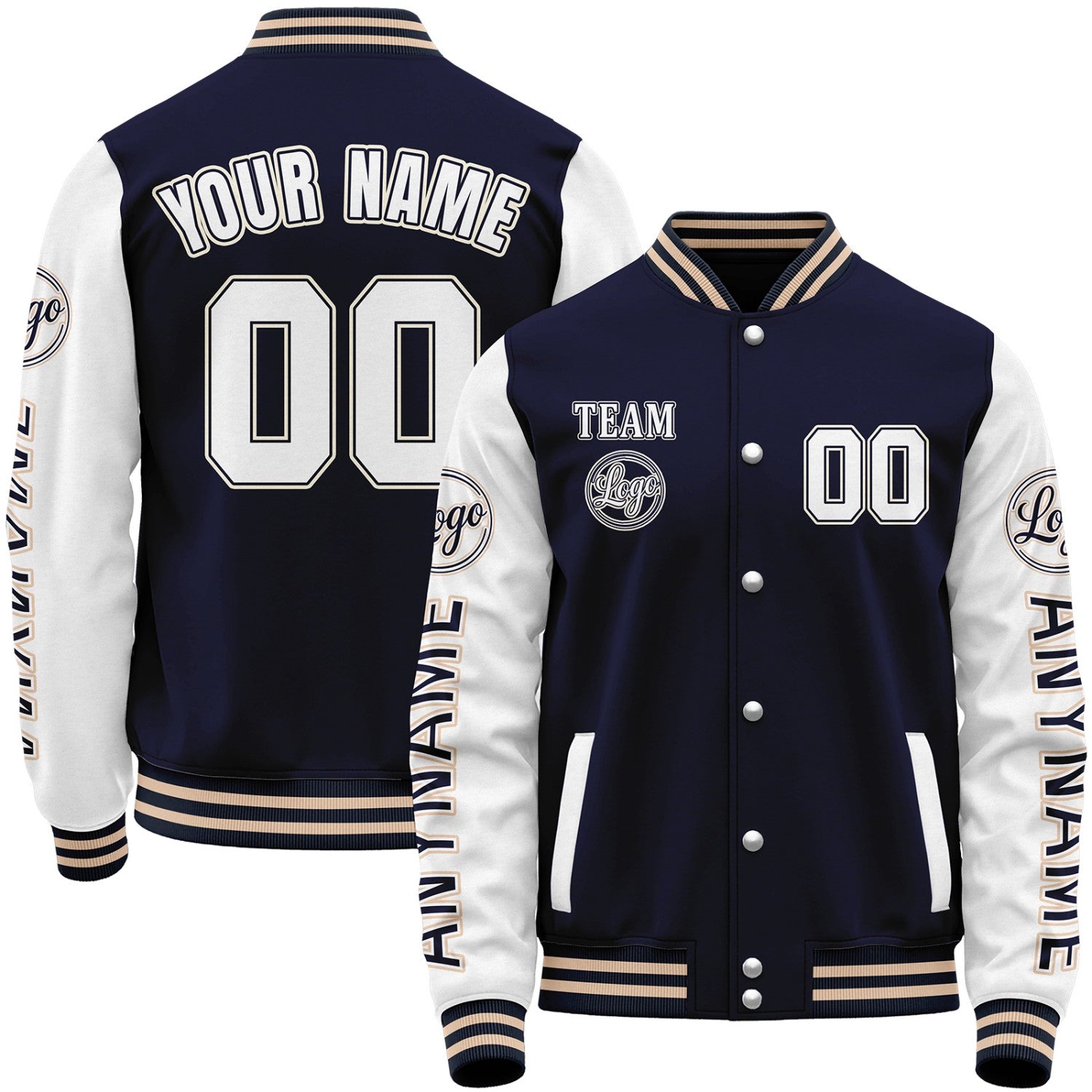 Varsity baseball team jacket, navy and white varsity bomber jacket, personalized stitched or sublimated name, number, sleeve text and custom logo.