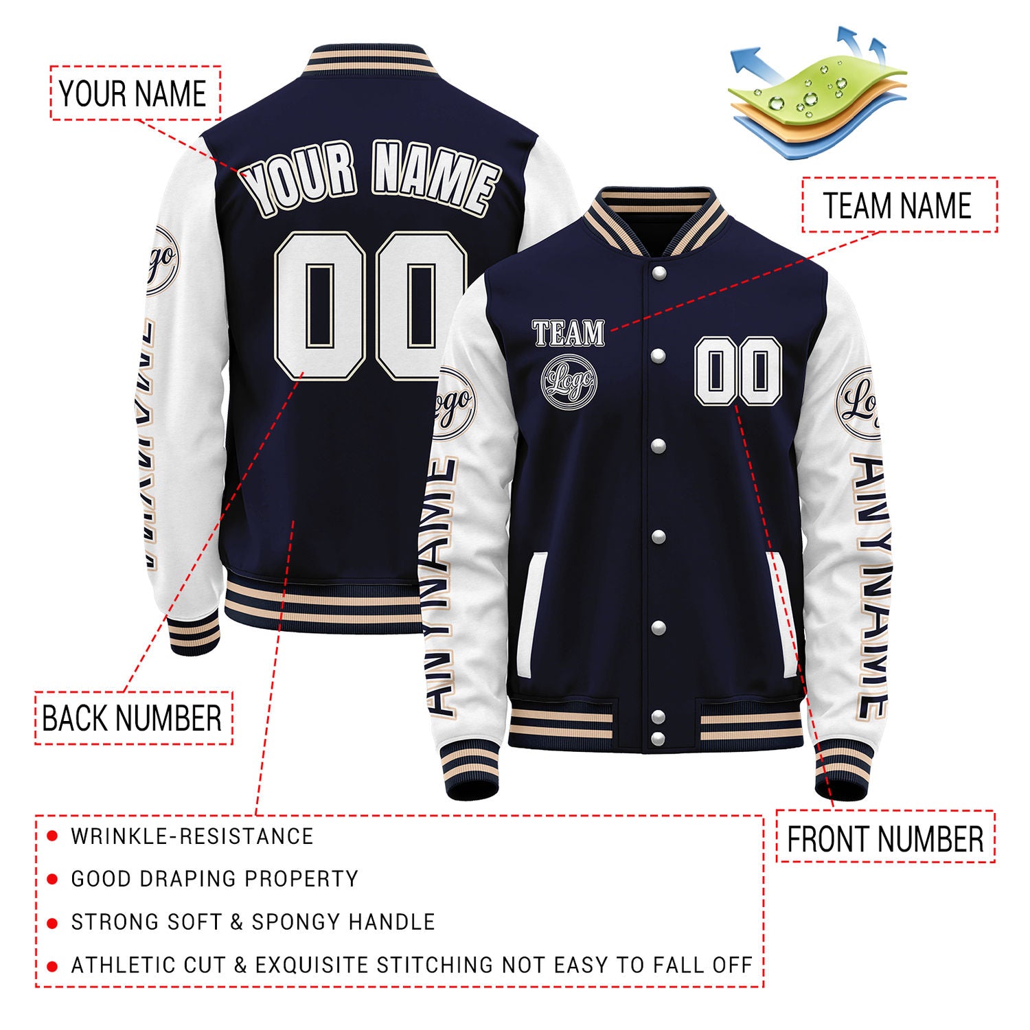 Custom Navy & White Color Block Varsity Jacket | Personalized Letterman Bomber with Sleeve Text & Logo