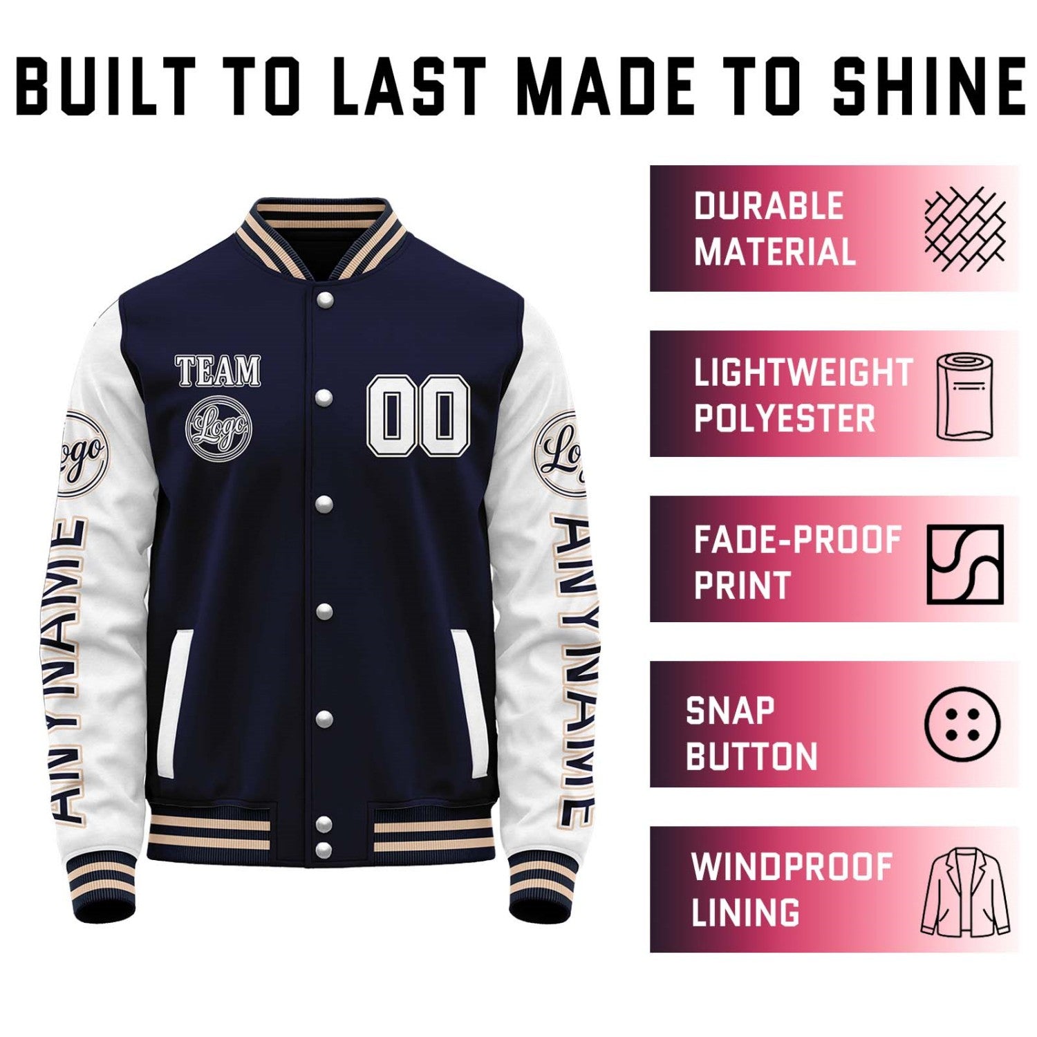 Custom Navy & White Color Block Varsity Jacket | Personalized Letterman Bomber with Sleeve Text & Logo