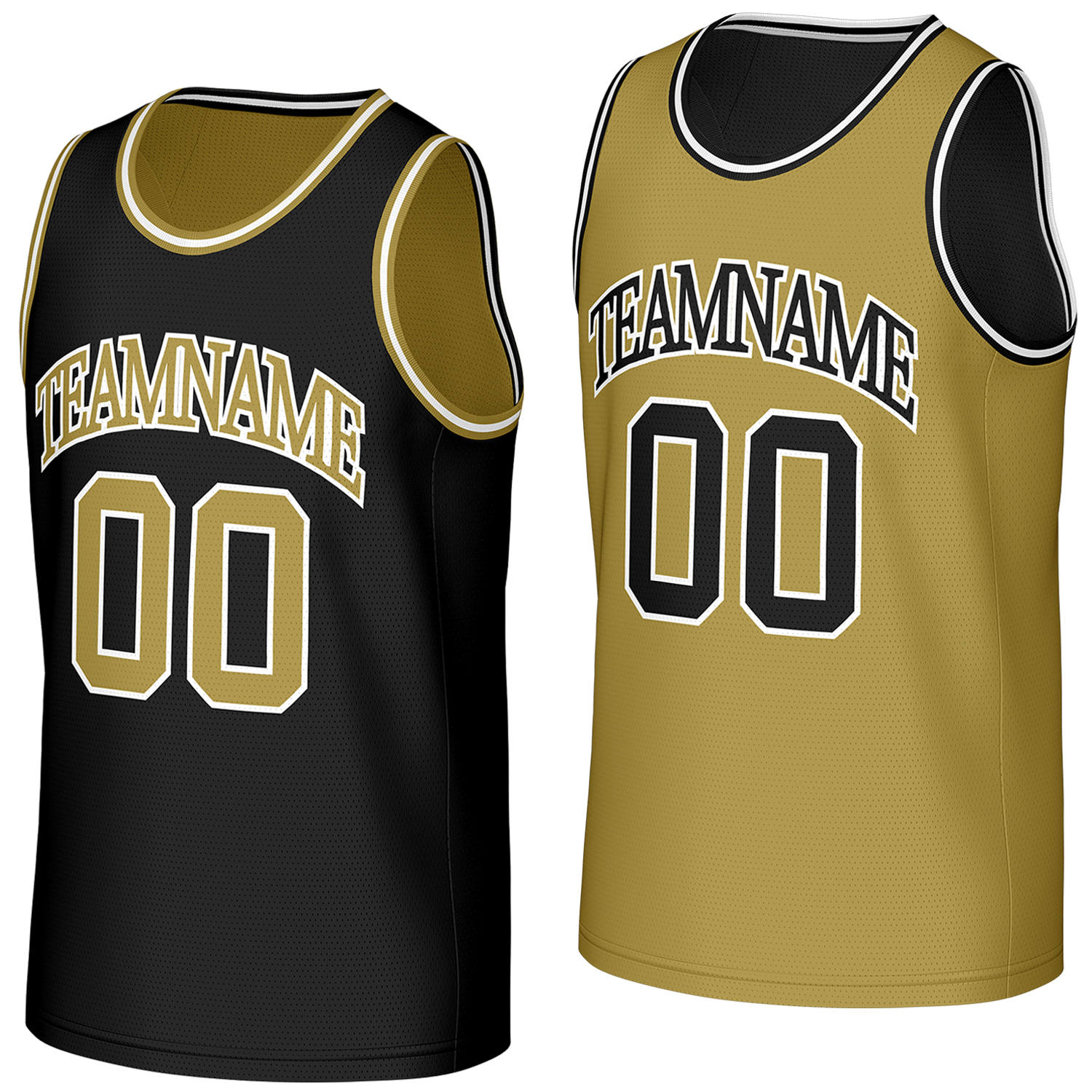 vintage custom basketball jerseys black gold reversible by Vosoli, personalized team name, number & logo, breathable mesh dual sided basketball jersey for team games