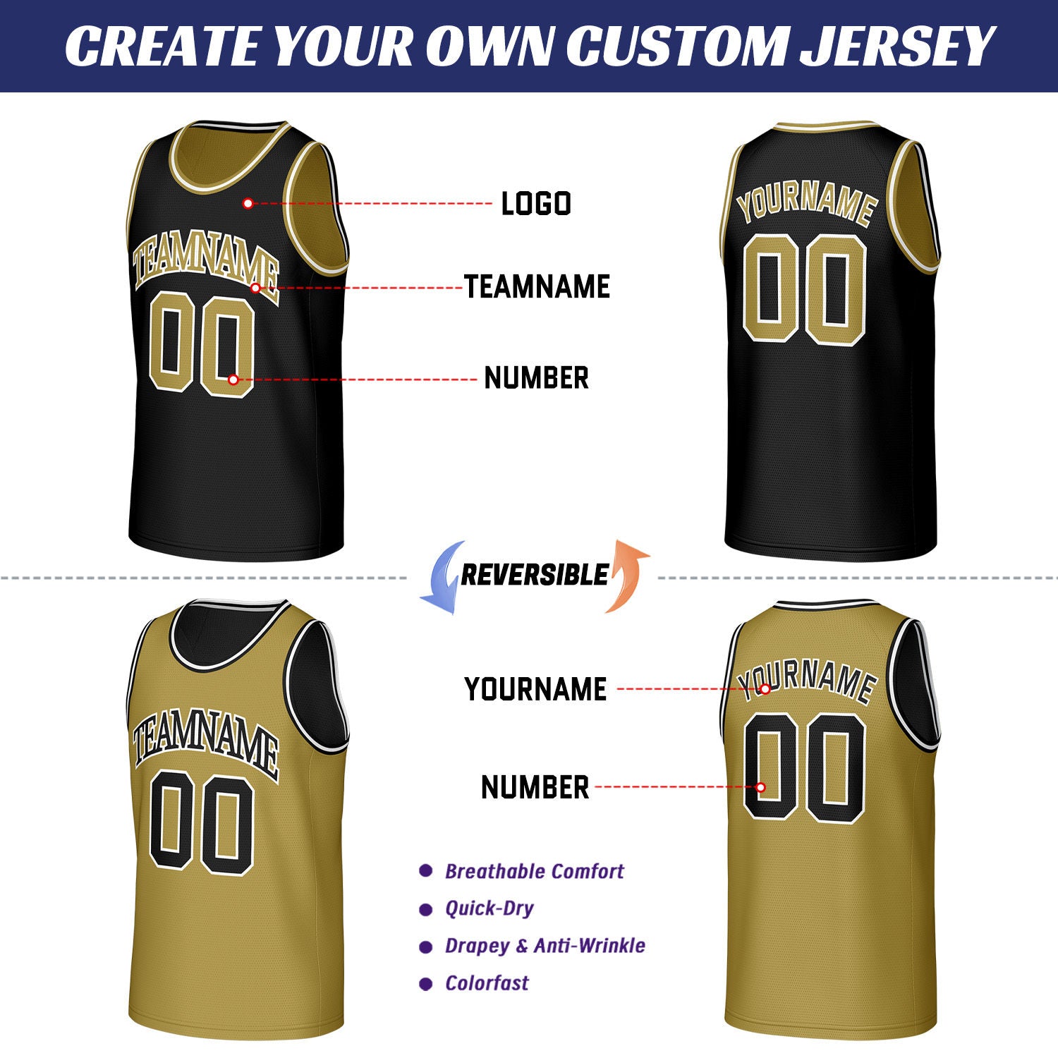 Custom Black & Gold Reversible Basketball Jersey | Personalized Sleeveless Mesh Jersey for Adult Youth