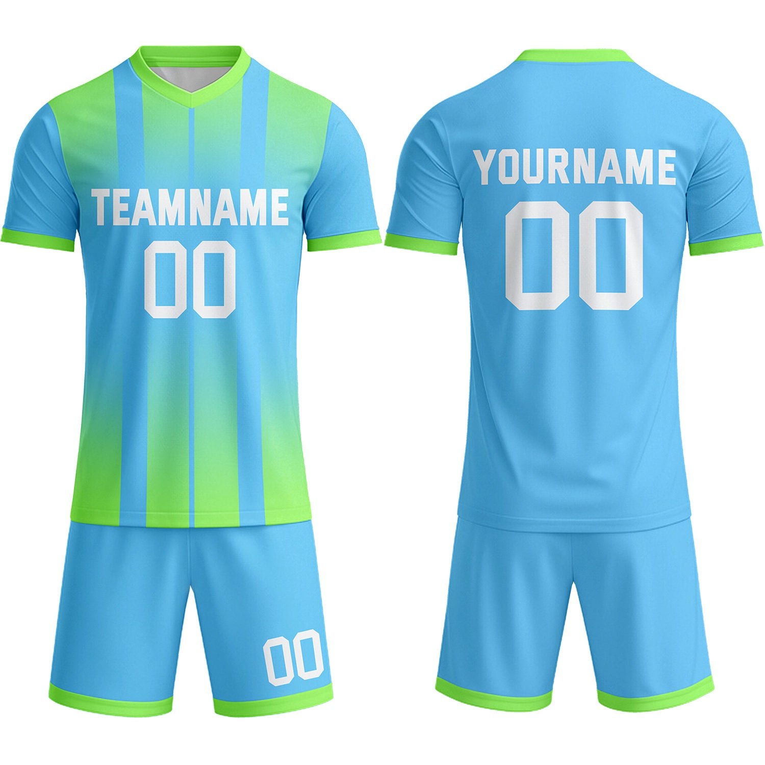 Custom Aqua & Lime Green Stripe Gradient Soccer Uniform Set for Teams & Individuals | Vosoli