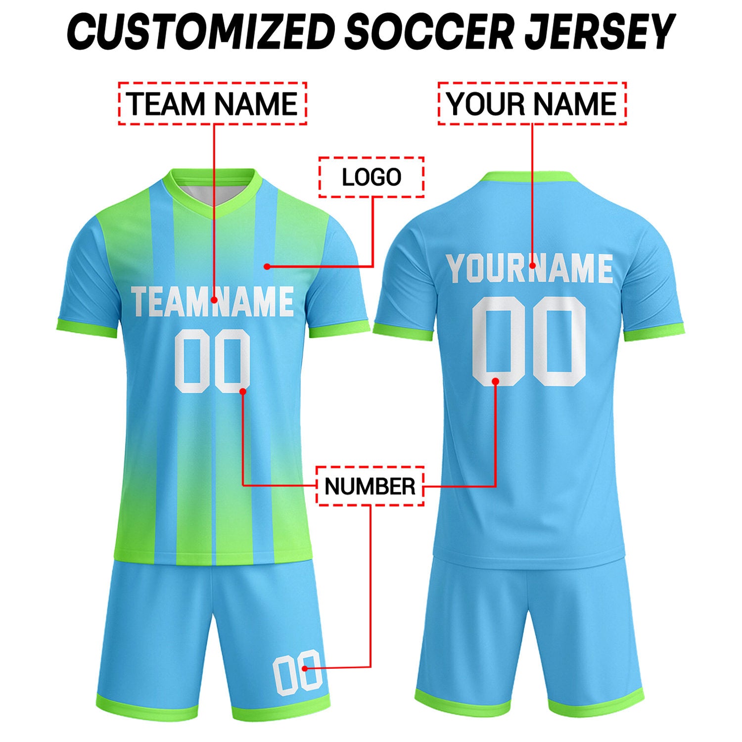 Custom Aqua & Lime Green Stripe Gradient Soccer Uniform Set for Teams & Individuals | Vosoli