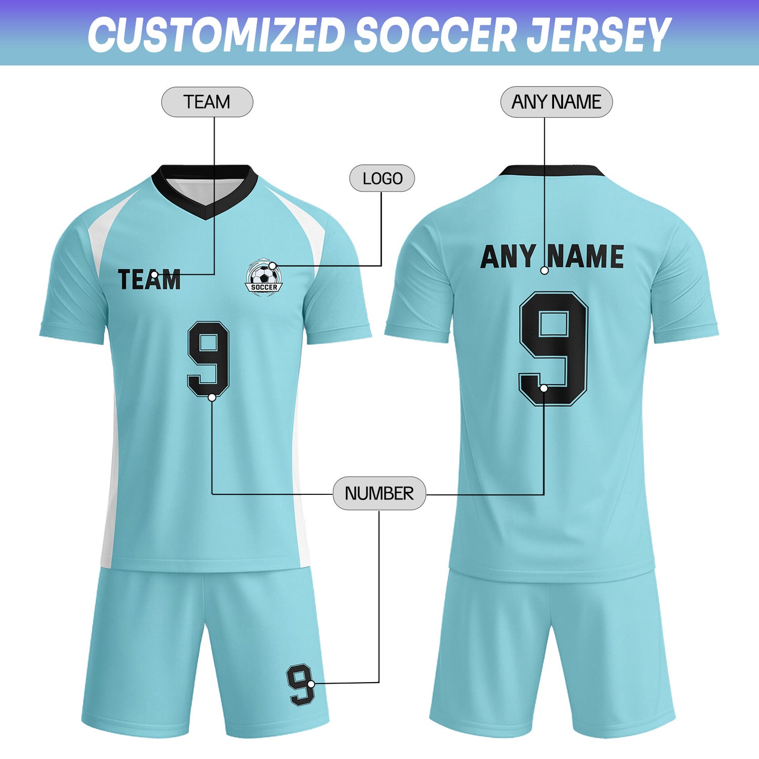 Custom Aqua & White-Black Soccer Uniform Set - Personalized Team Name & Number | Vosoli