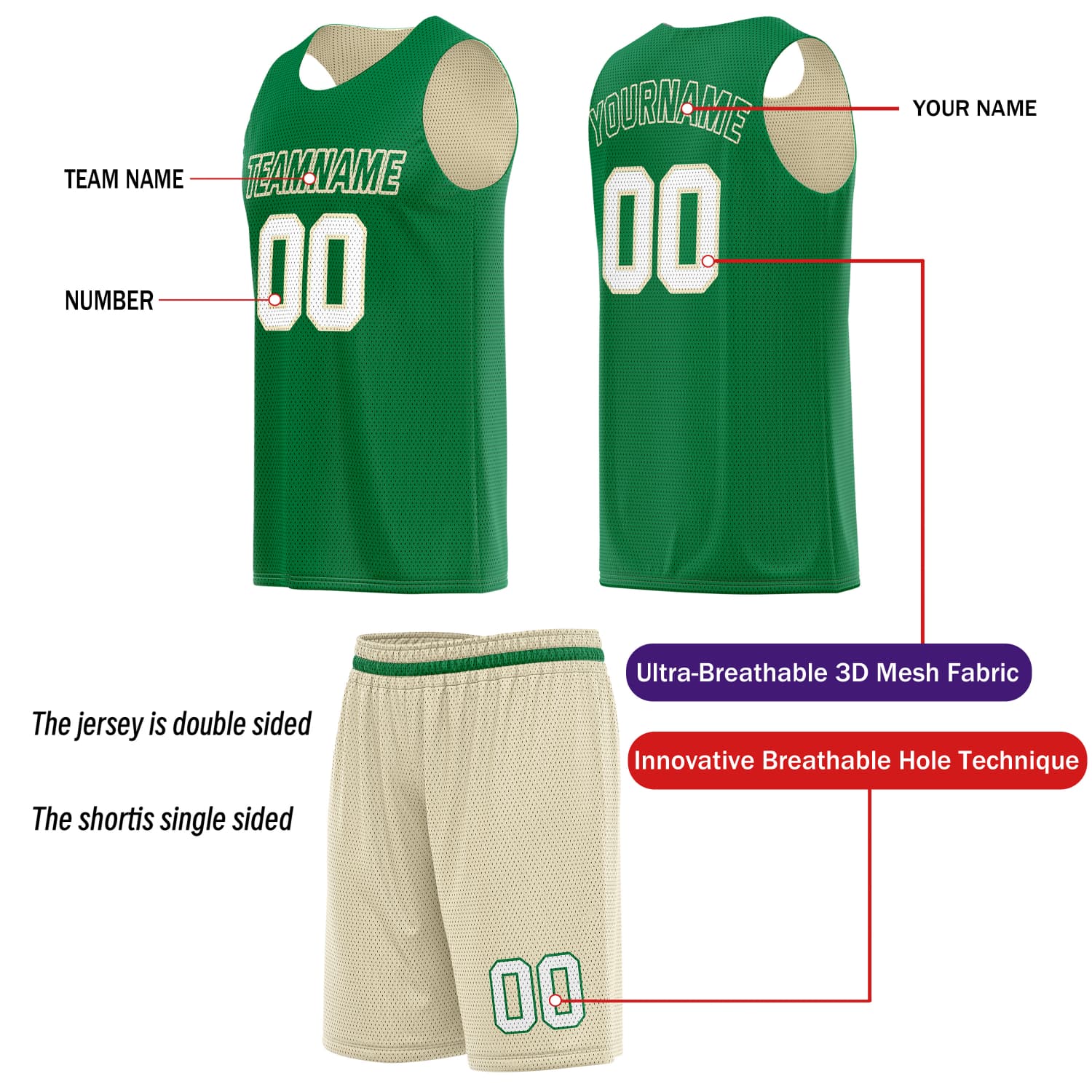 Custom Reversible Basketball Jersey & Shorts Set for Individuals & Teams – Beige Green White | Vosoli