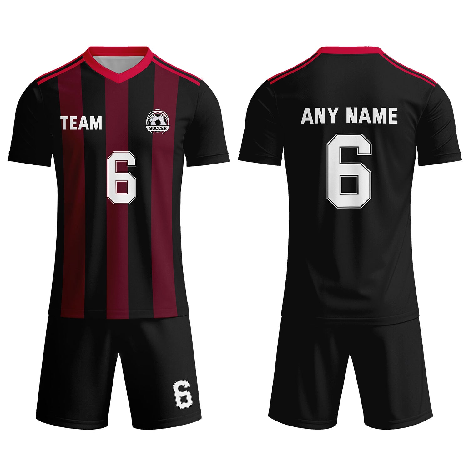 Custom Black & Burgundy-White Striped Soccer Uniform Set for Teams & Individuals | Vosoli