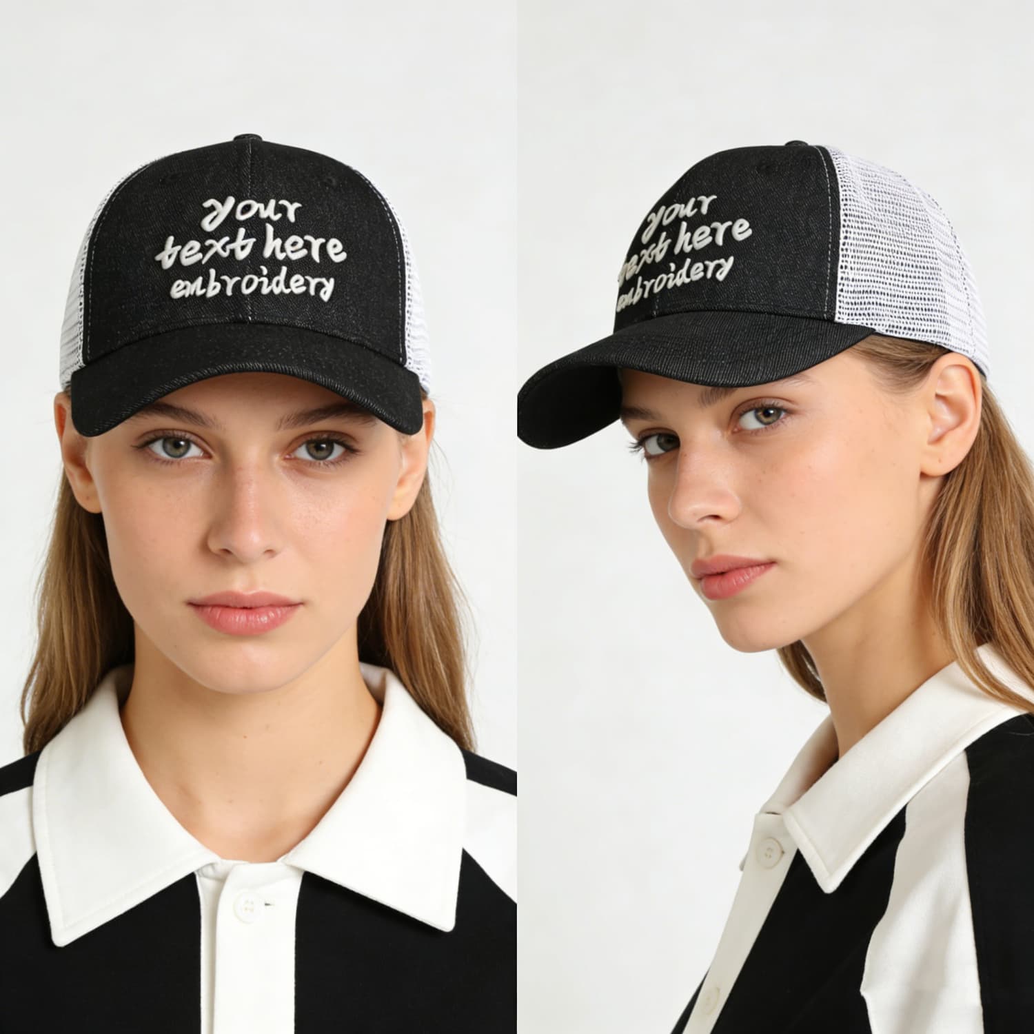 Vosoli Black White Denim Trucker Hat - Team Custom Embroider or Print Personalized Cap