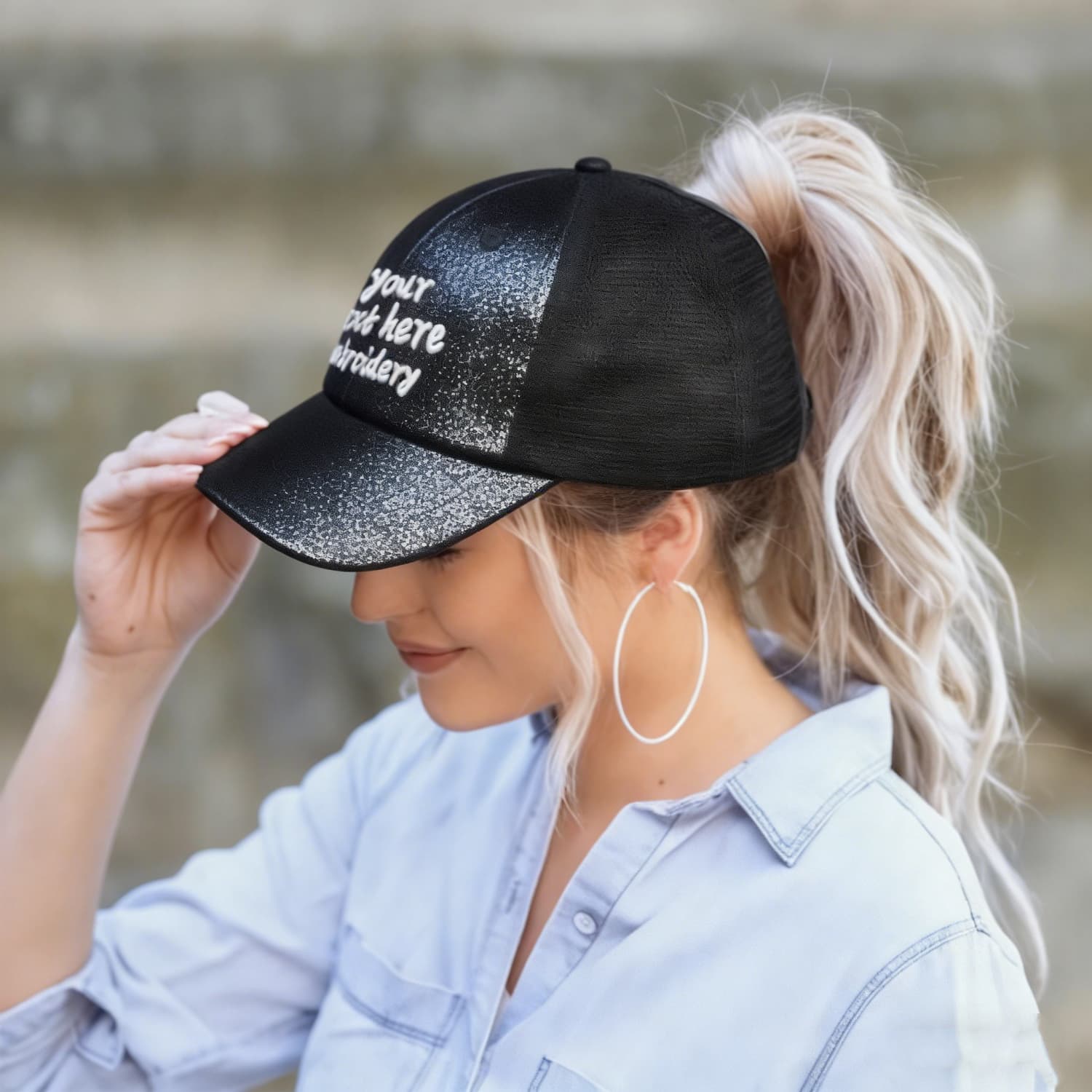 Vosoli Black Glitter Mesh Women’s Ponytail Hat - Team Custom Embroider Personalized Cap