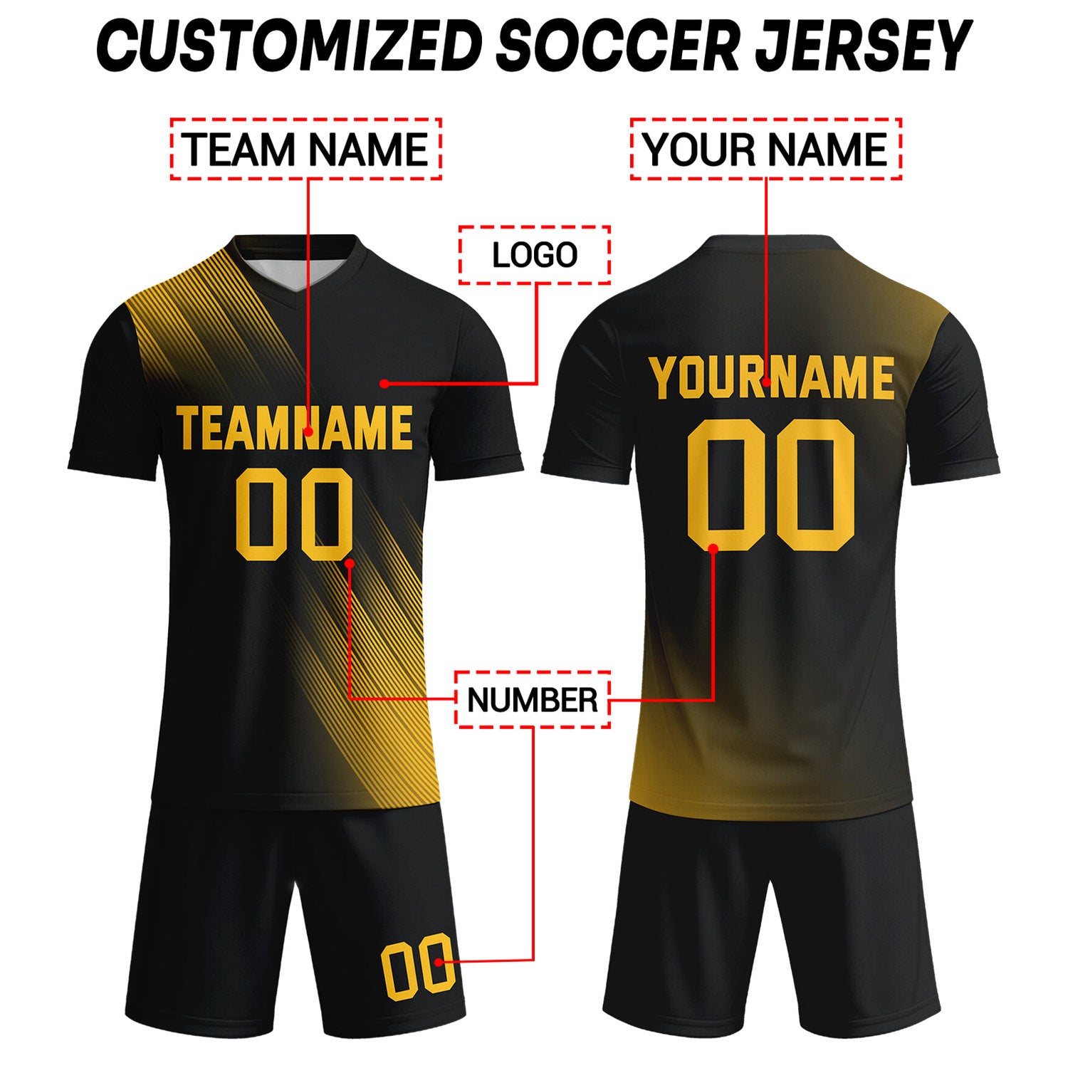 Custom Black & Gold Stripe Soccer Uniform Set for Teams & Individuals | Vosoli