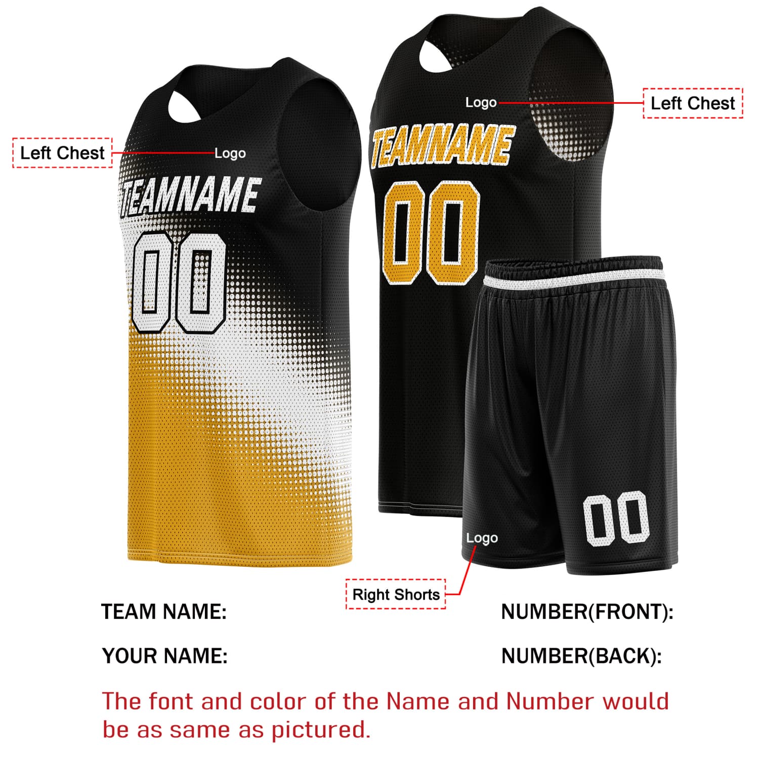 Custom Reversible Basketball Jersey & Shorts Set – Black Gold White Dot Gradient | Vosoli (For Teams & Individual Players)