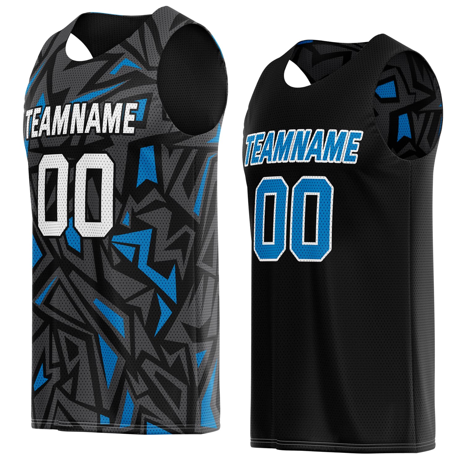 Custom Reversible Basketball Jersey for Individuals & Teams – Black Grey Blue Abstract Geo | Vosoli