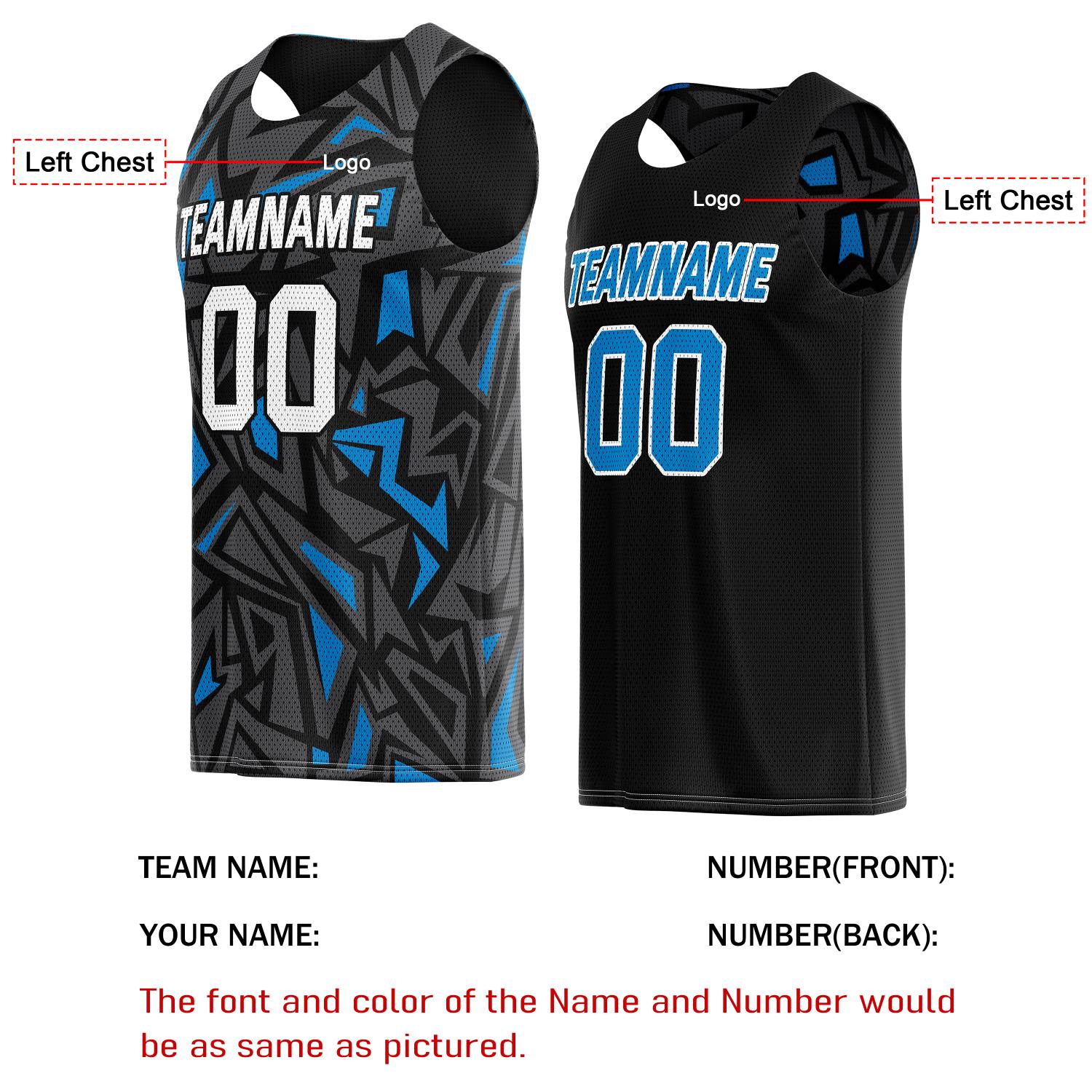 Custom Reversible Basketball Jersey for Individuals & Teams – Black Grey Blue Abstract Geo | Vosoli