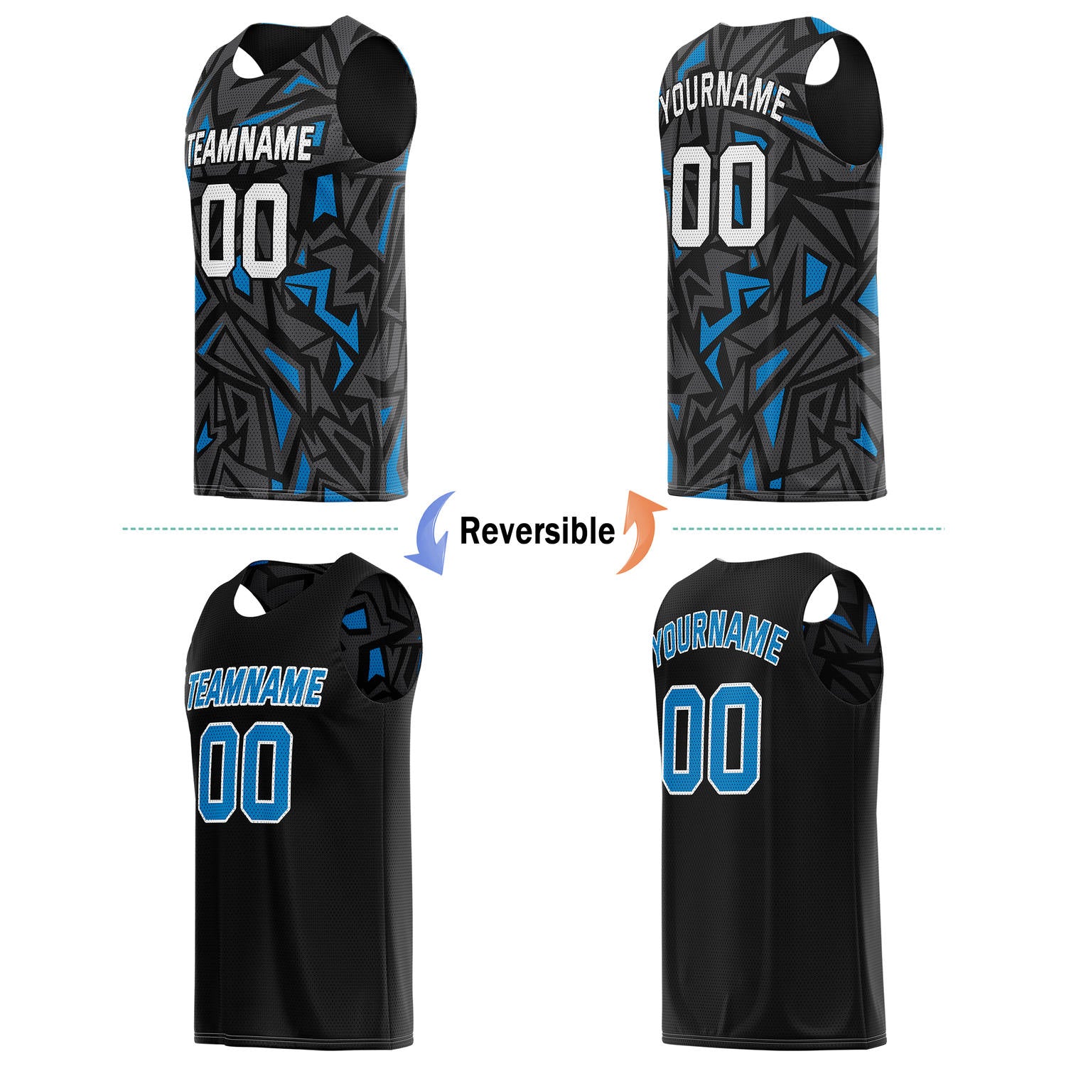 Custom Reversible Basketball Jersey for Individuals & Teams – Black Grey Blue Abstract Geo | Vosoli