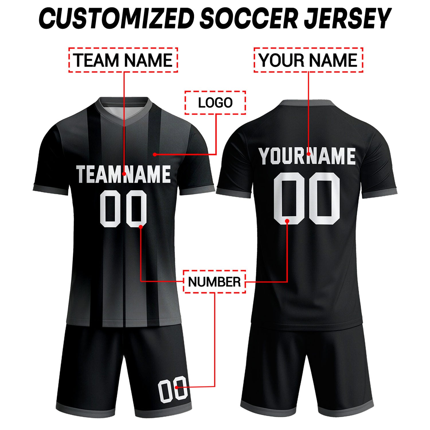 Custom Black & Grey Ombre Stripe Soccer Uniform Set for Teams & Individuals | Vosoli