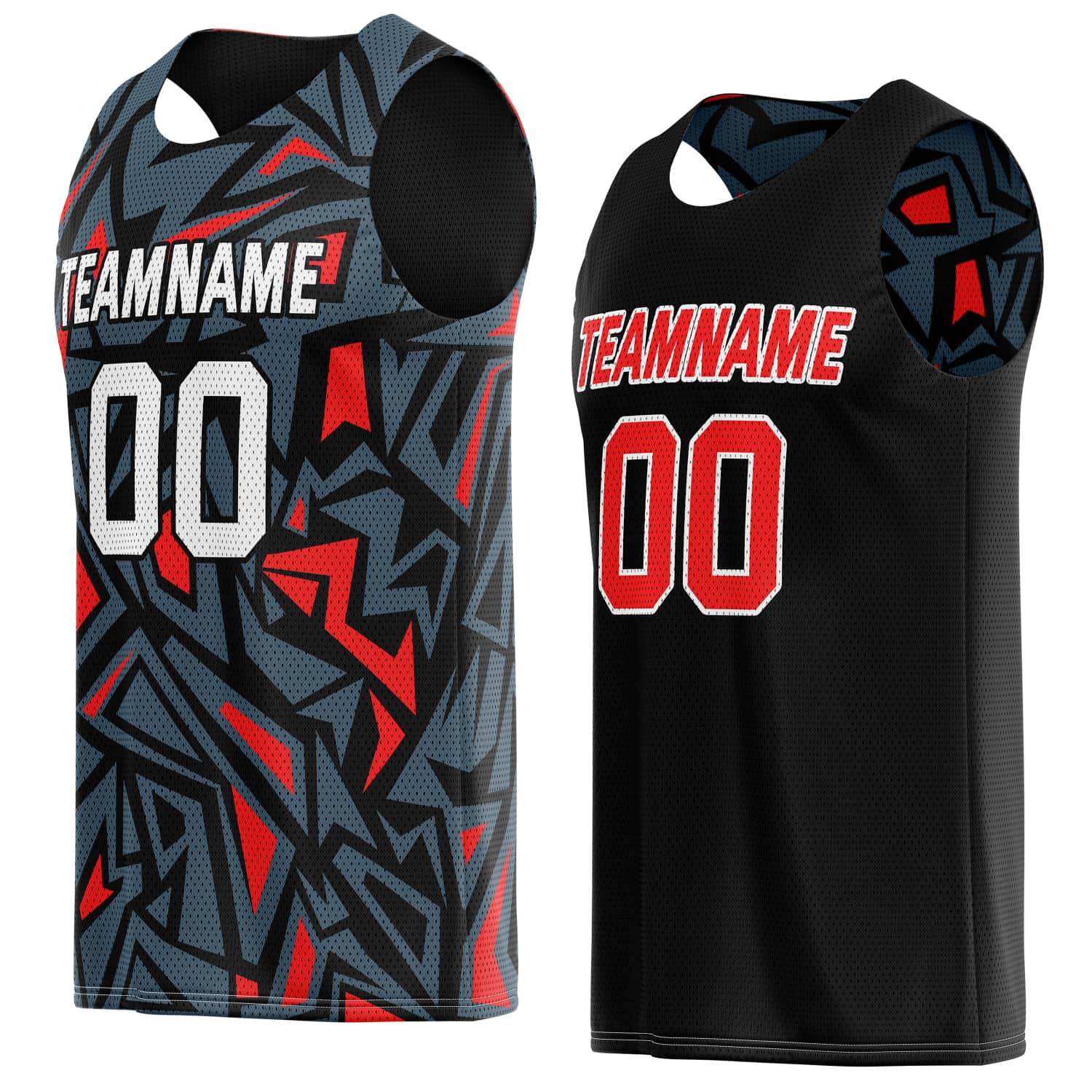 Custom Reversible Basketball Jersey for Individuals & Teams – Black Grey Red Abstract Geo | Vosoli