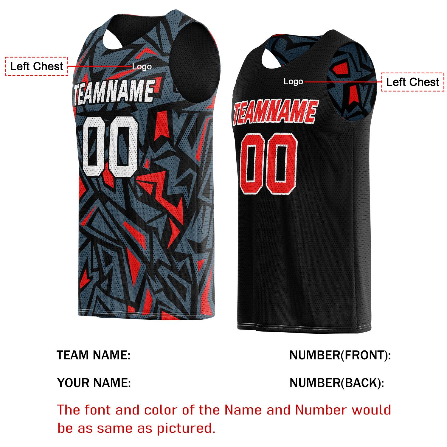 Custom Reversible Basketball Jersey for Individuals & Teams – Black Grey Red Abstract Geo | Vosoli