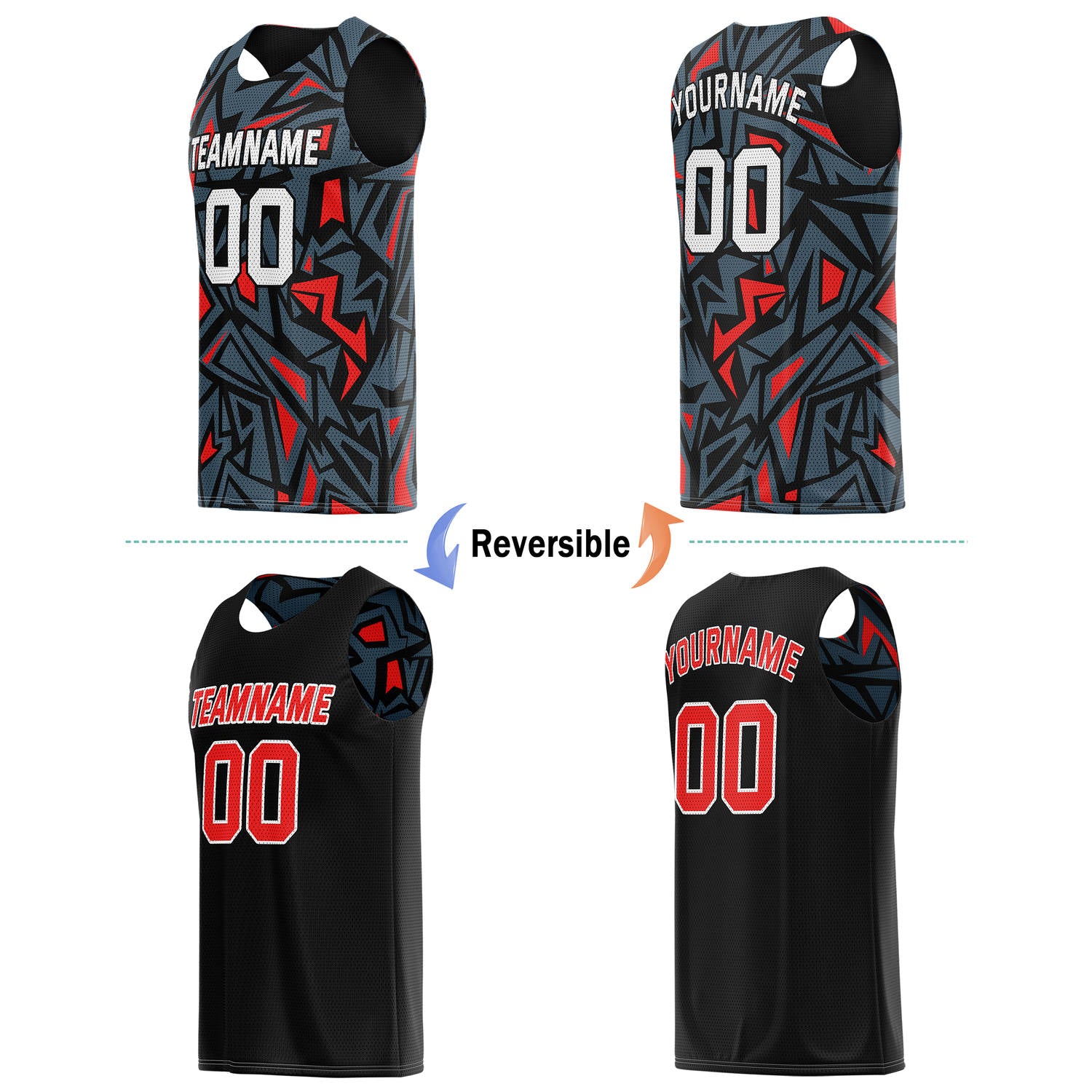 Custom Reversible Basketball Jersey for Individuals & Teams – Black Grey Red Abstract Geo | Vosoli