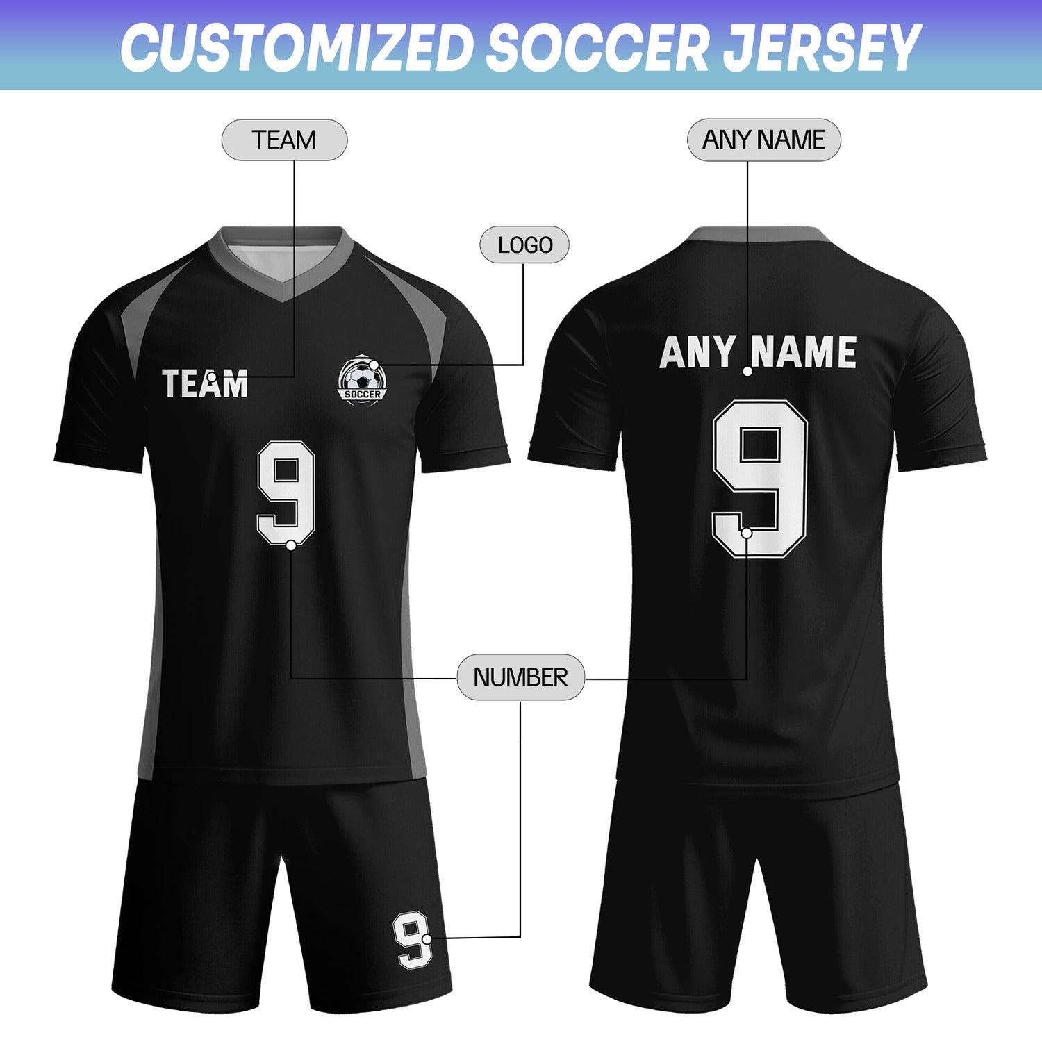 Custom Black & Grey-White Soccer Uniform Set - Personalized Team Name & Number | Vosoli