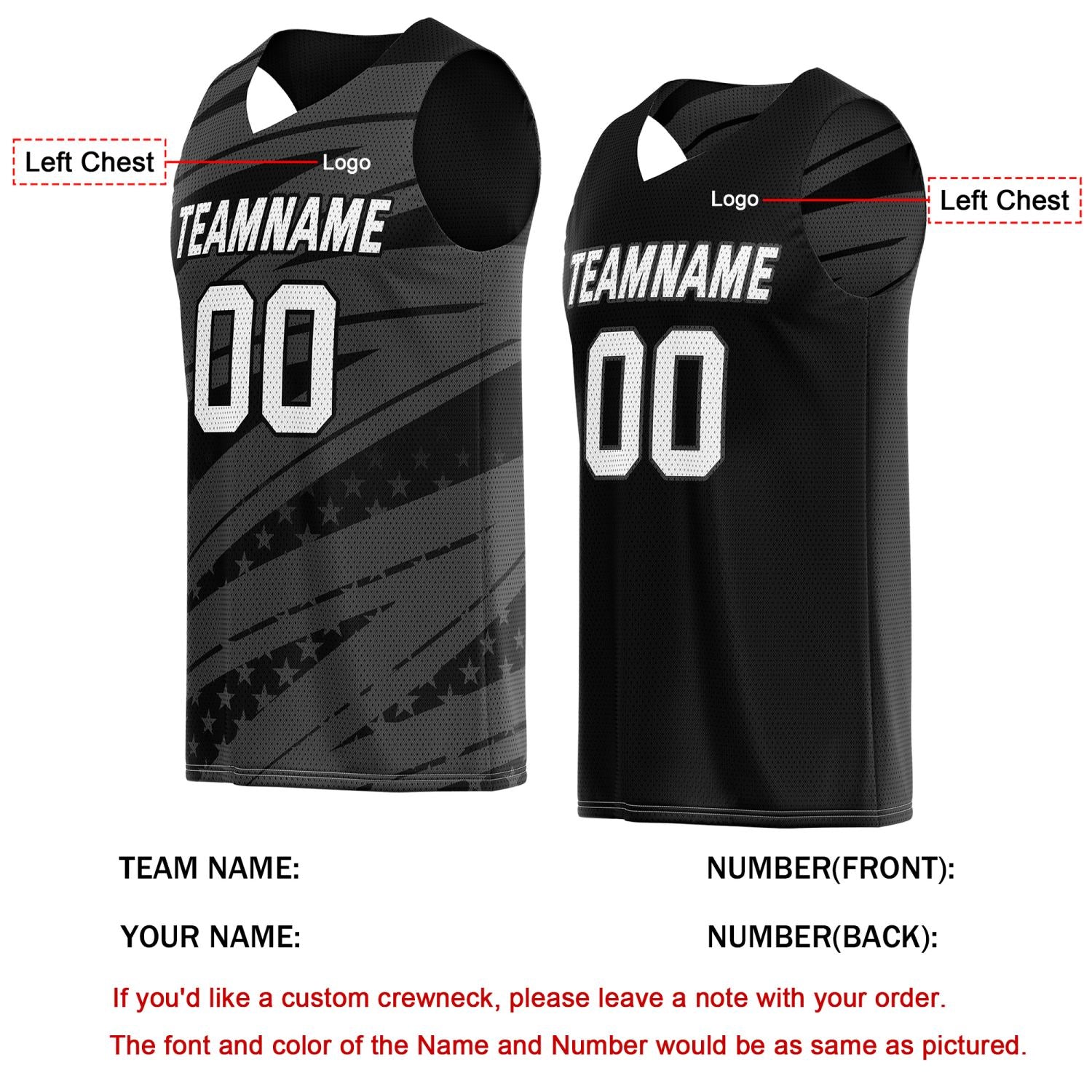 Custom Reversible Basketball Jersey for Individuals & Teams – Black Grey White Star Stripe | Vosoli