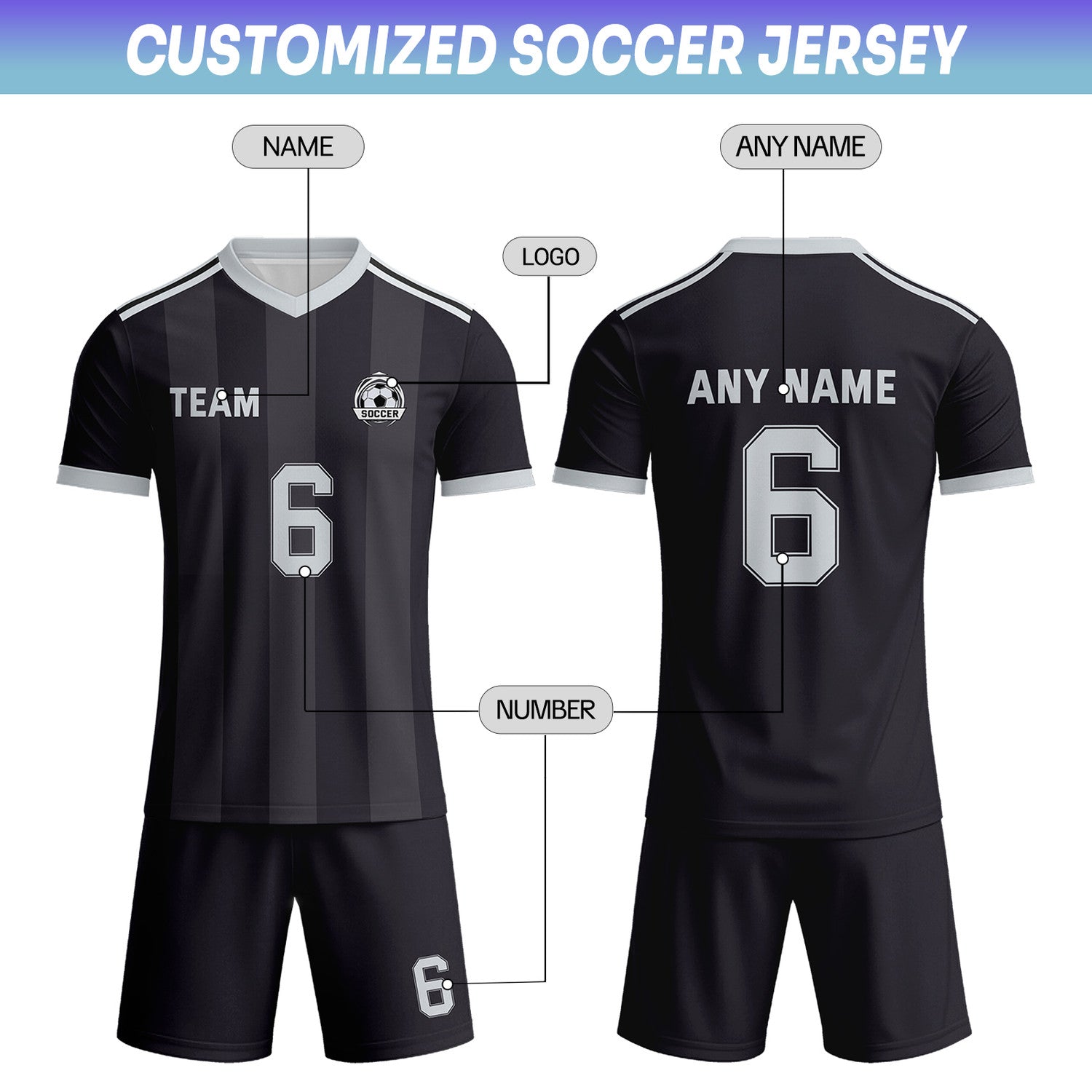 Custom Black & Grey-White Striped Soccer Uniform Set for Teams & Individuals | Vosoli