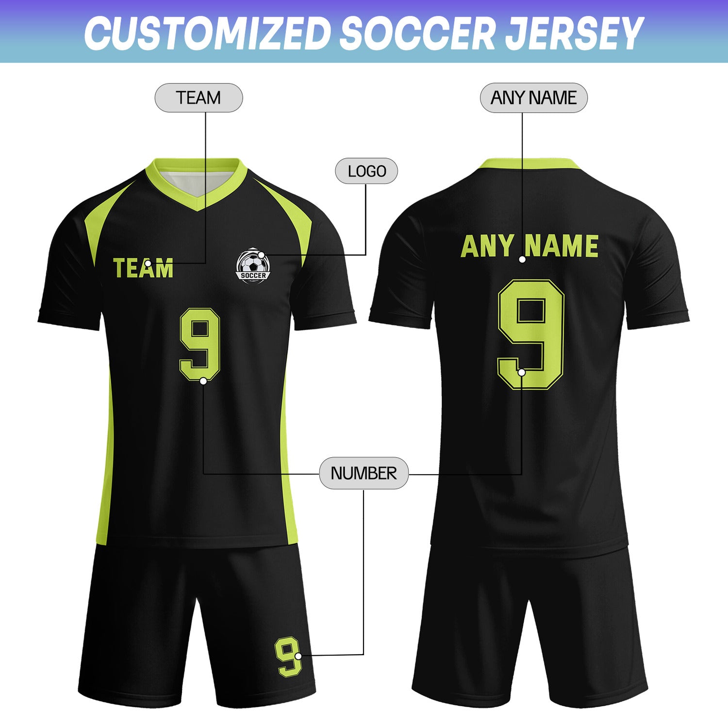 Custom Black & Neon Lime Soccer Uniform Set - Personalized Team Name & Number | Vosoli
