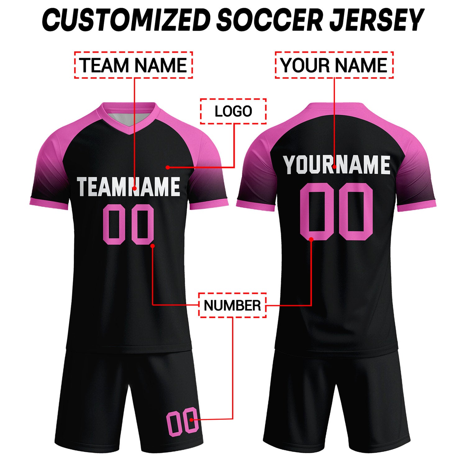 Custom Black & Neon Pink Raglan Sleeve Soccer Uniform Set for Teams & Individuals | Vosoli