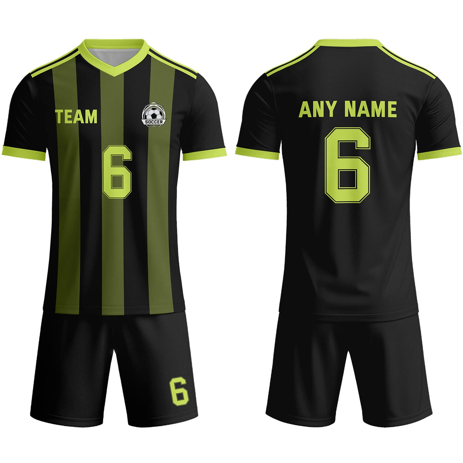 Custom Black & Olive Green-Neon Yellow Striped Soccer Uniform Set for Teams & Individuals | Vosoli