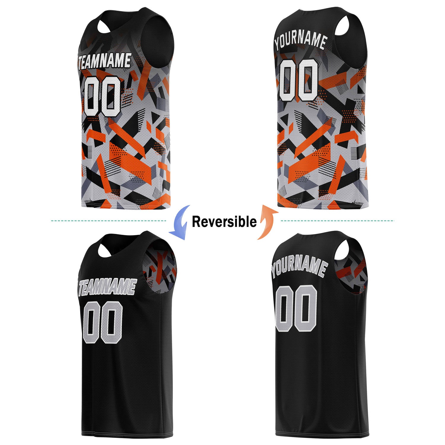 Custom Reversible Basketball Jersey for Individuals & Teams – Black Orange Grey Abstract Geo | Vosoli