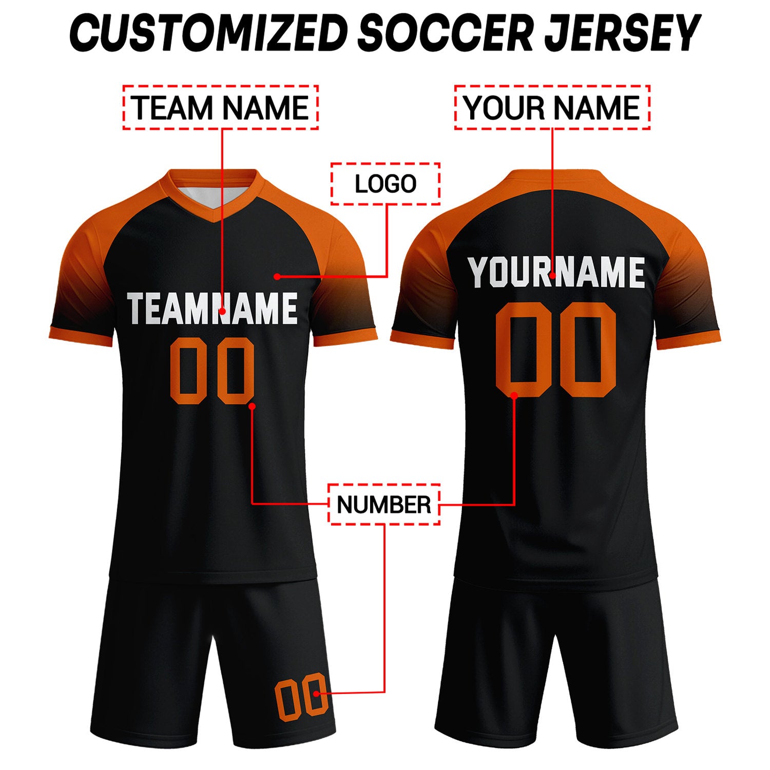 Custom Black & Orange Raglan Sleeve Soccer Uniform Set for Teams & Individuals | Vosoli