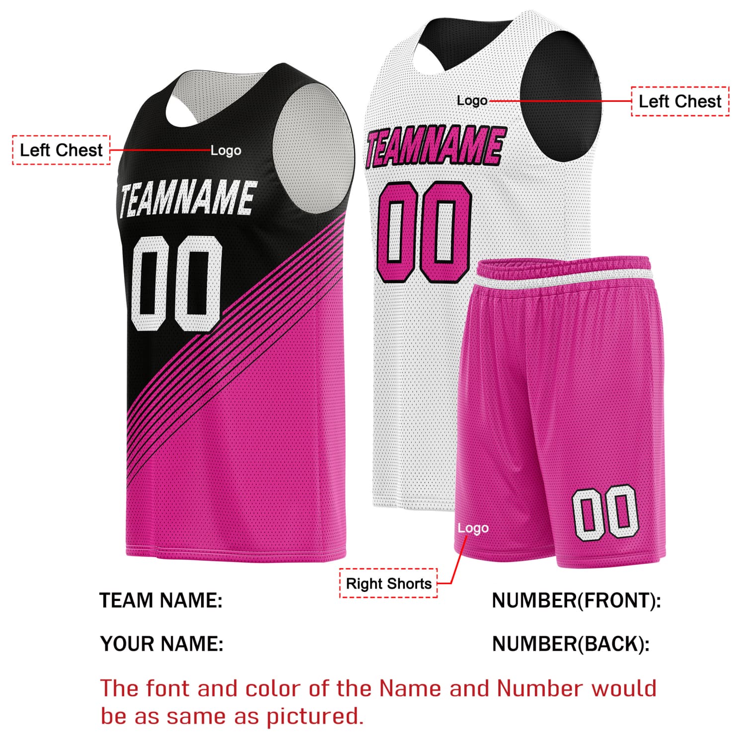 Custom Reversible Basketball Jersey & Shorts Set for Individuals & Teams – Black Pink White Diagonal Stripe | Vosoli