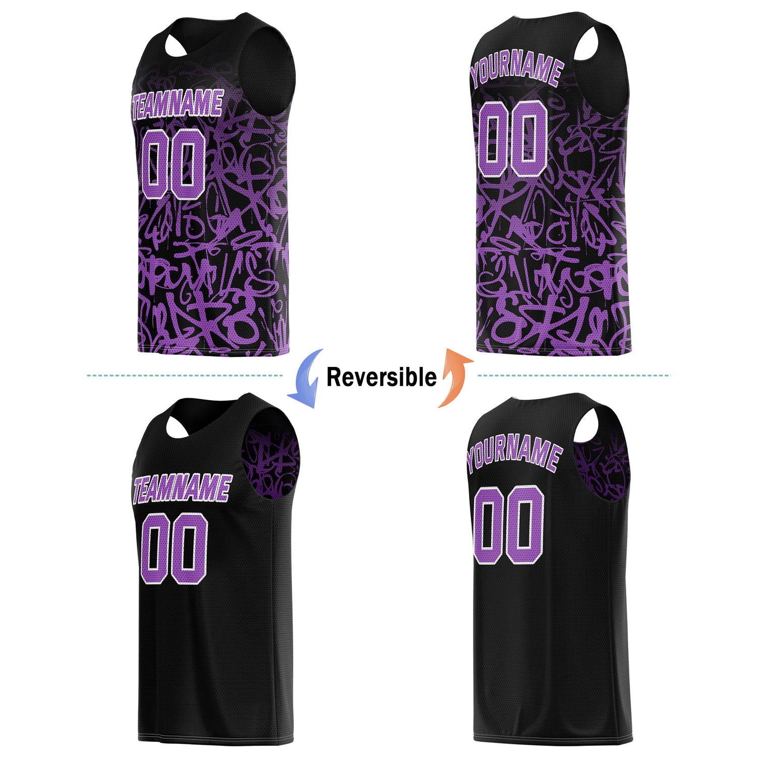 Custom Reversible Basketball Jersey for Individuals & Teams – Black & Purple Graffiti | Vosoli