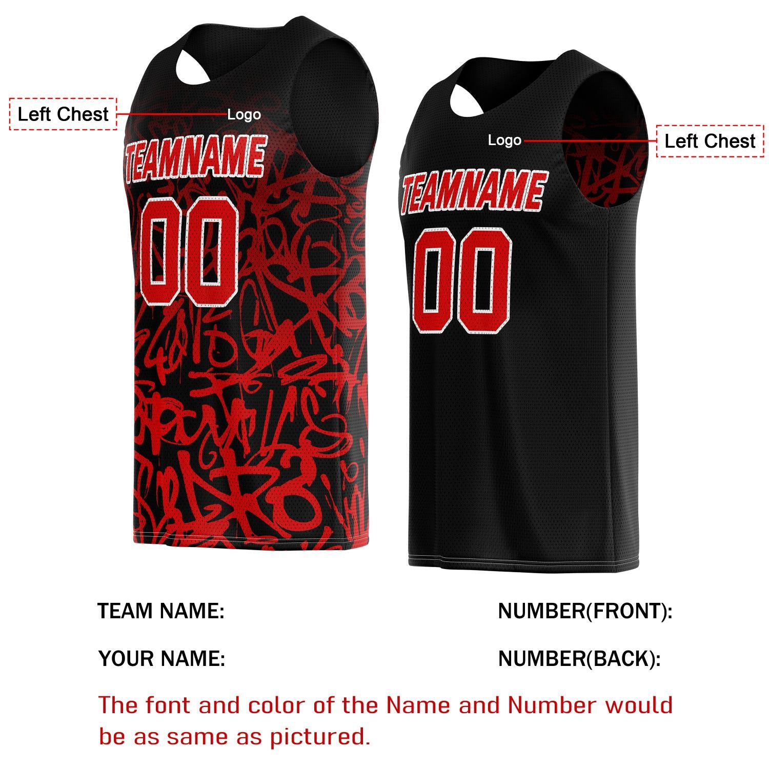 Custom Reversible Basketball Jersey for Individuals & Teams – Black & Red Graffiti | Vosoli