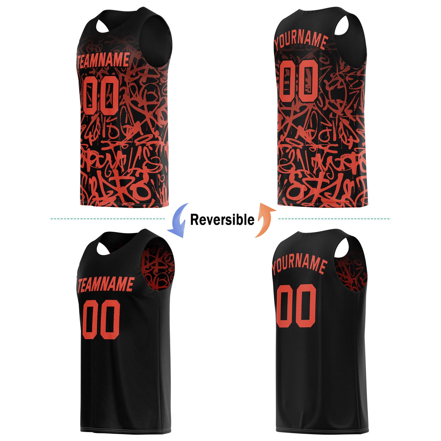Custom Reversible Basketball Jersey for Individuals & Teams – Black & Orange Graffiti | Vosoli
