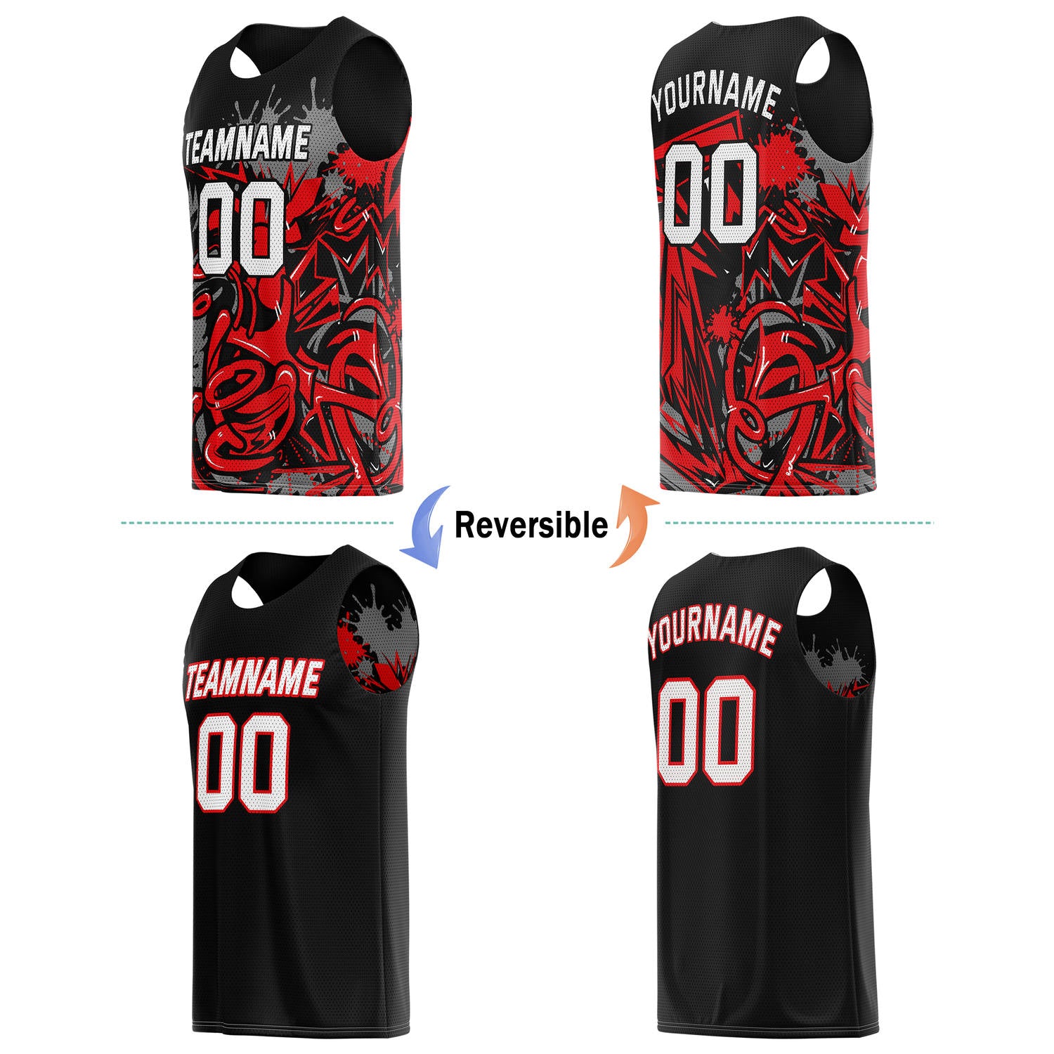 Custom Reversible Basketball Jersey for Individuals & Teams – Black Red Graffiti | Vosoli