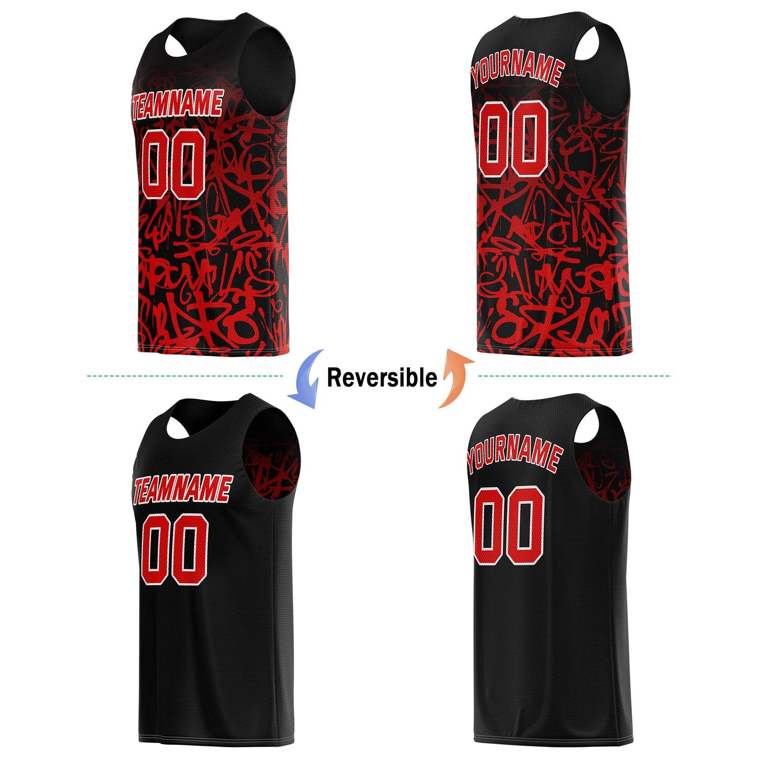 Custom Reversible Basketball Jersey for Individuals & Teams – Black & Red Graffiti | Vosoli