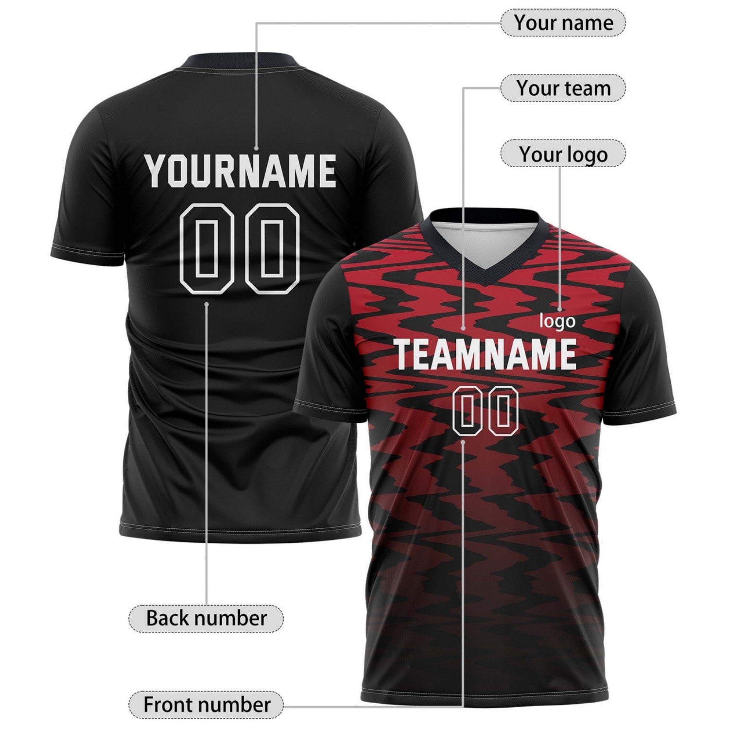 Custom Black & Red Wave Pattern Soccer Jersey for Teams & Individuals | Vosoli