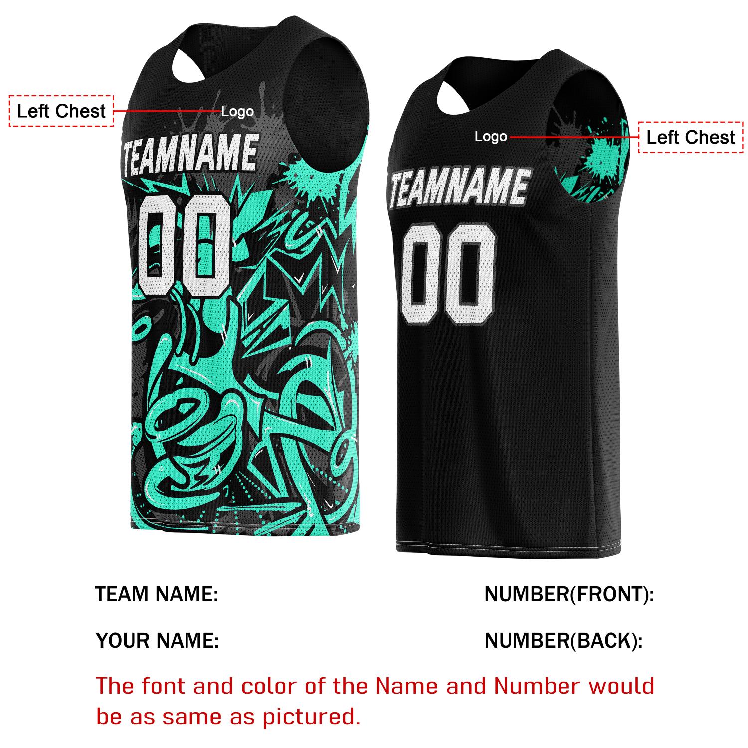 Custom Reversible Basketball Jersey for Individuals & Teams – Black Teal Graffiti | Vosoli