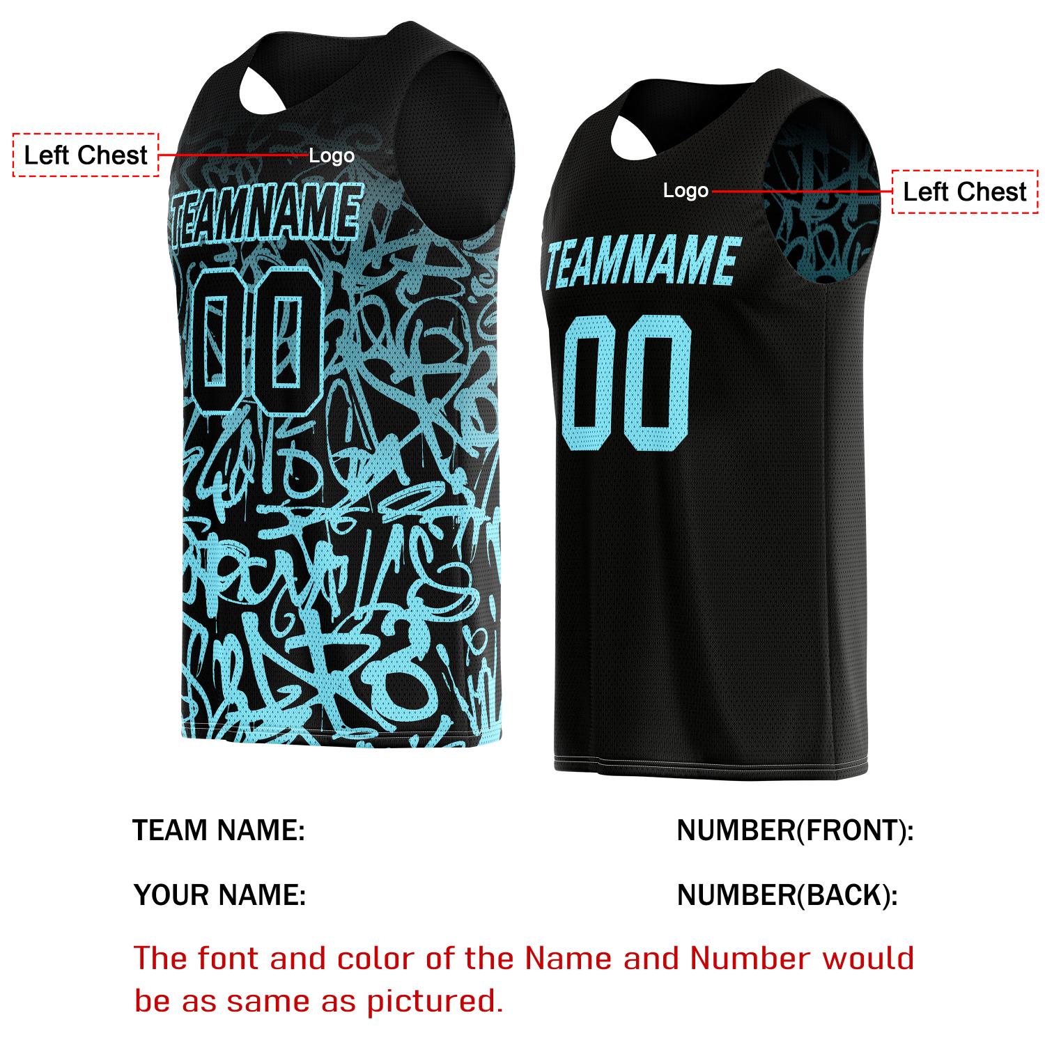 Custom Reversible Basketball Jersey for Individuals & Teams – Black & Turquoise Graffiti | Vosoli