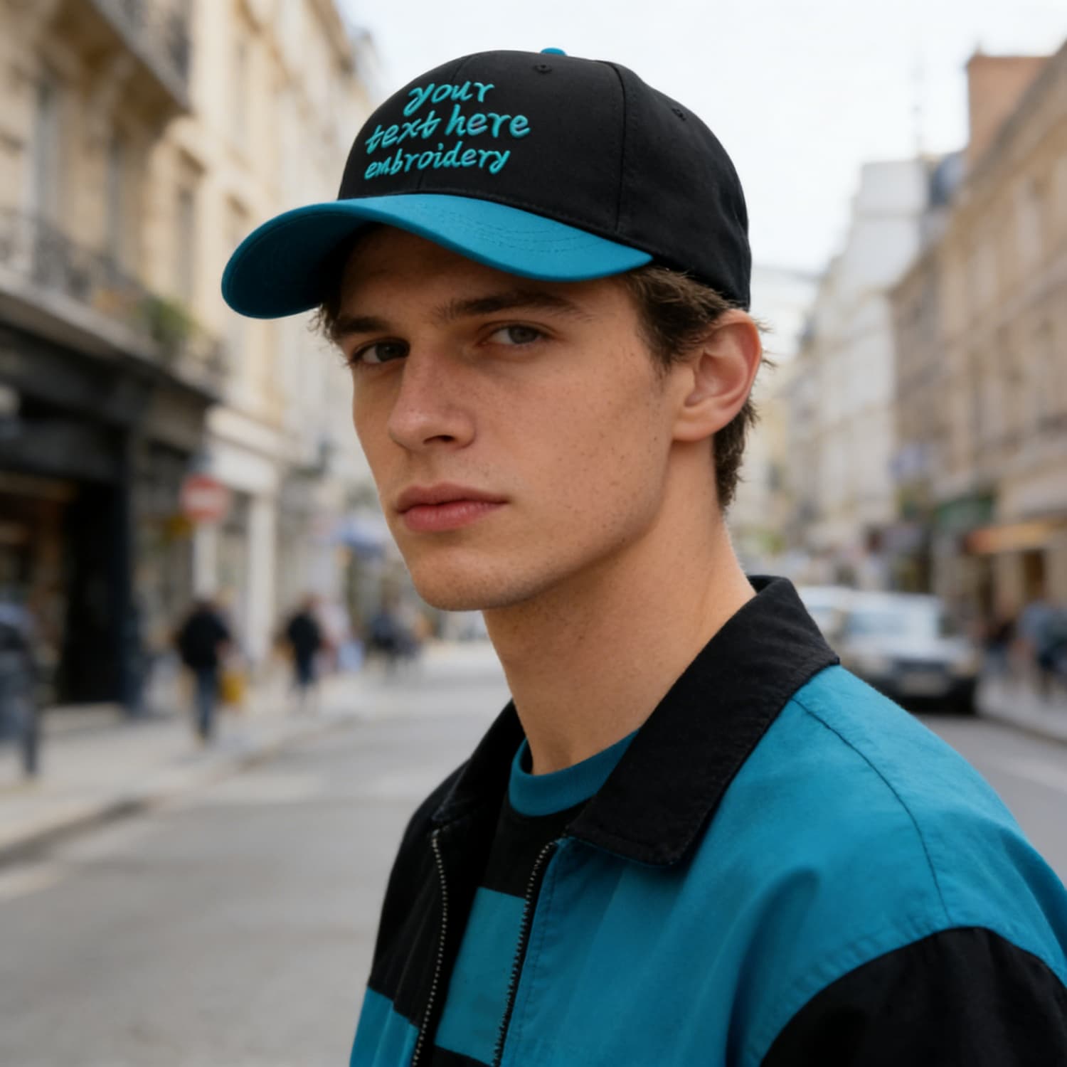 Vosoli Black Turquoise Two-Tone Baseball Cap - Unisex Custom 3D Embroidery or Print