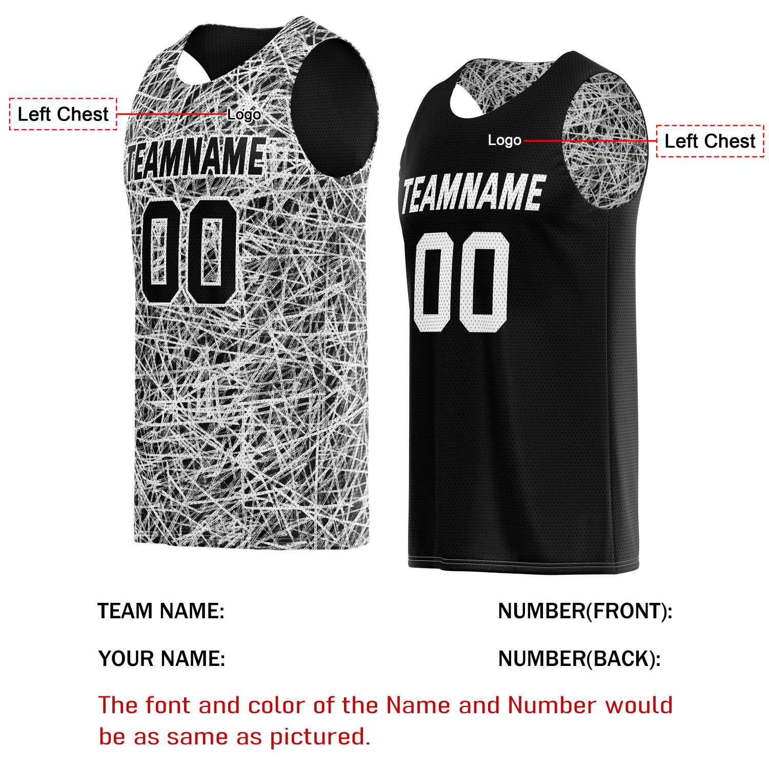 Custom Reversible Basketball Jersey for Individuals & Teams – Black White Abstract Streak | Vosoli