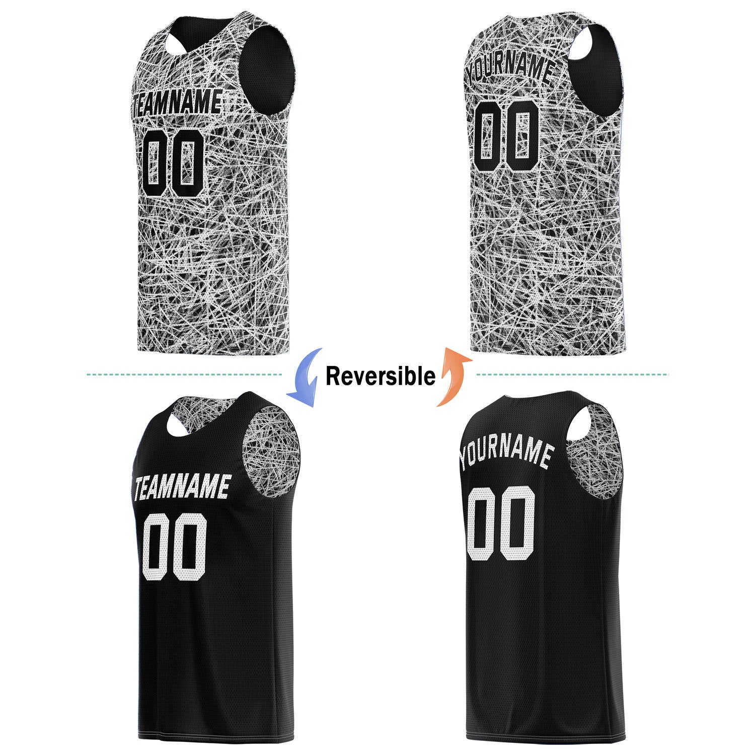 Custom Reversible Basketball Jersey for Individuals & Teams – Black White Abstract Streak | Vosoli