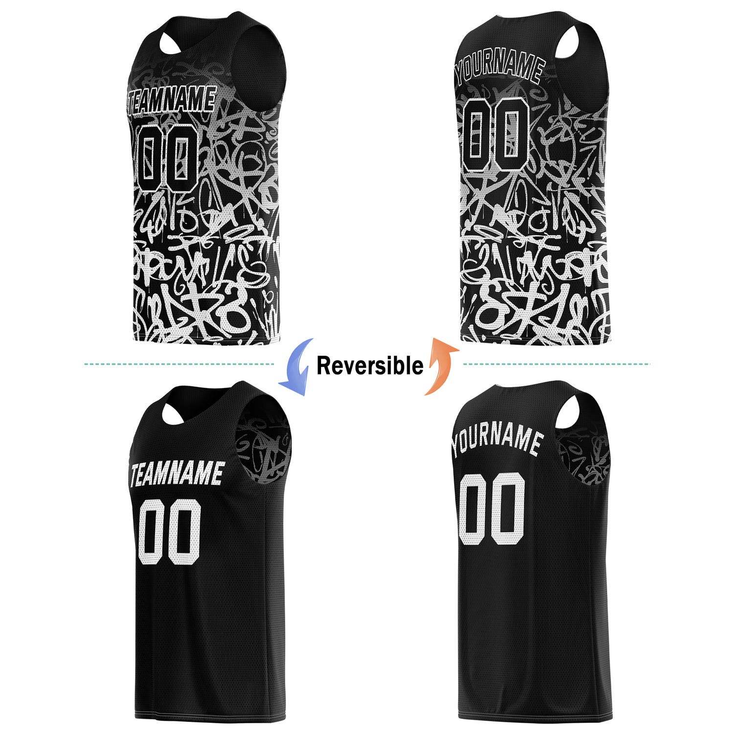 Custom Reversible Basketball Jersey for Individuals & Teams – Black & White Graffiti | Vosoli
