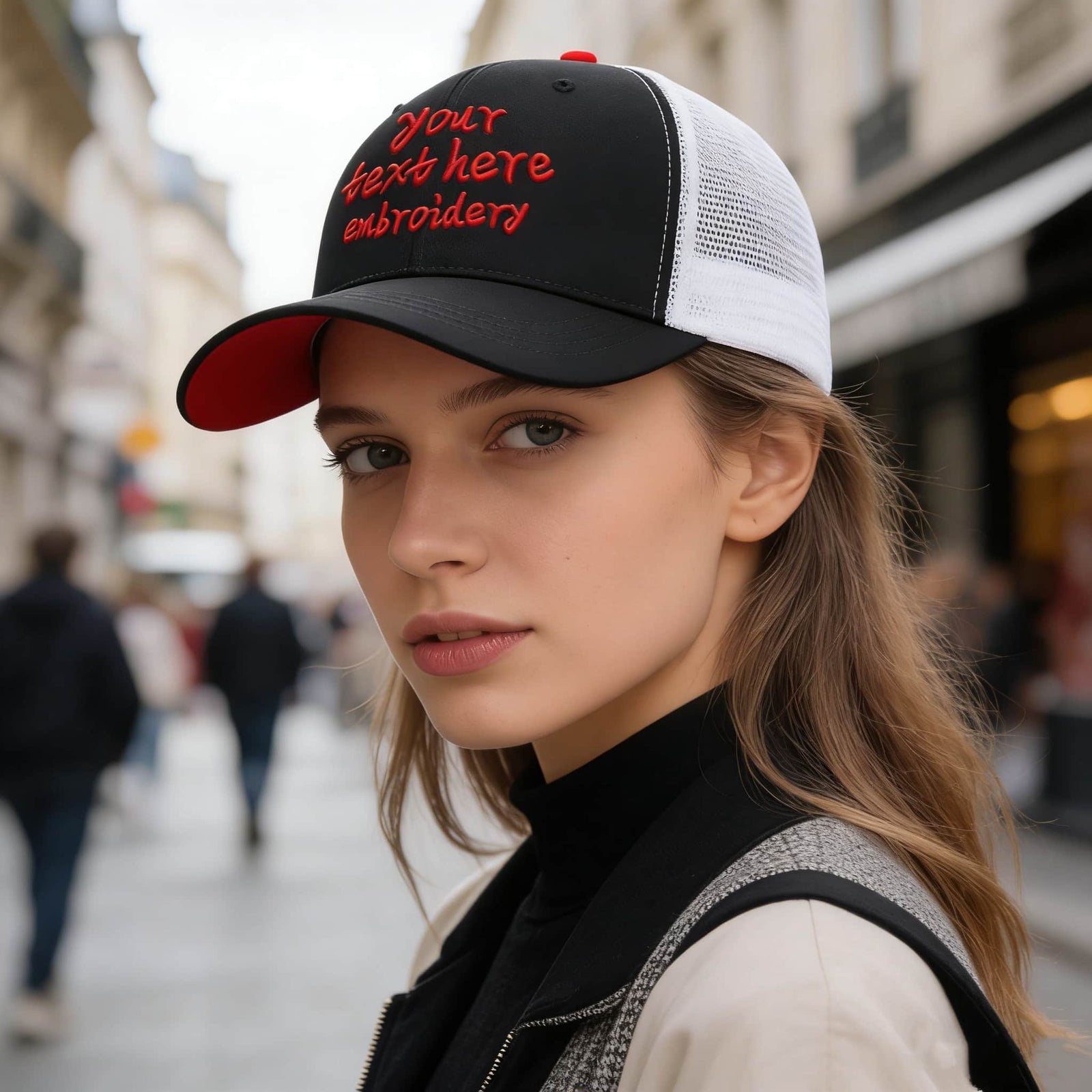 Vosoli Black & White Mesh-Back Trucker Cap - Unisex Personal & Team Custom 3D Embroidery or Print Hat