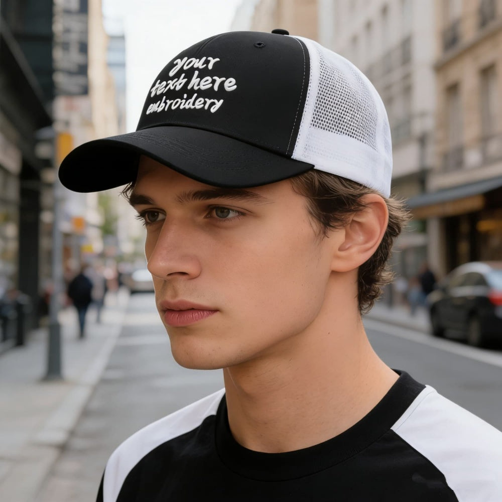 Vosoli Black White Mesh Trucker Cap - Custom Embroidered Personalized Hat
