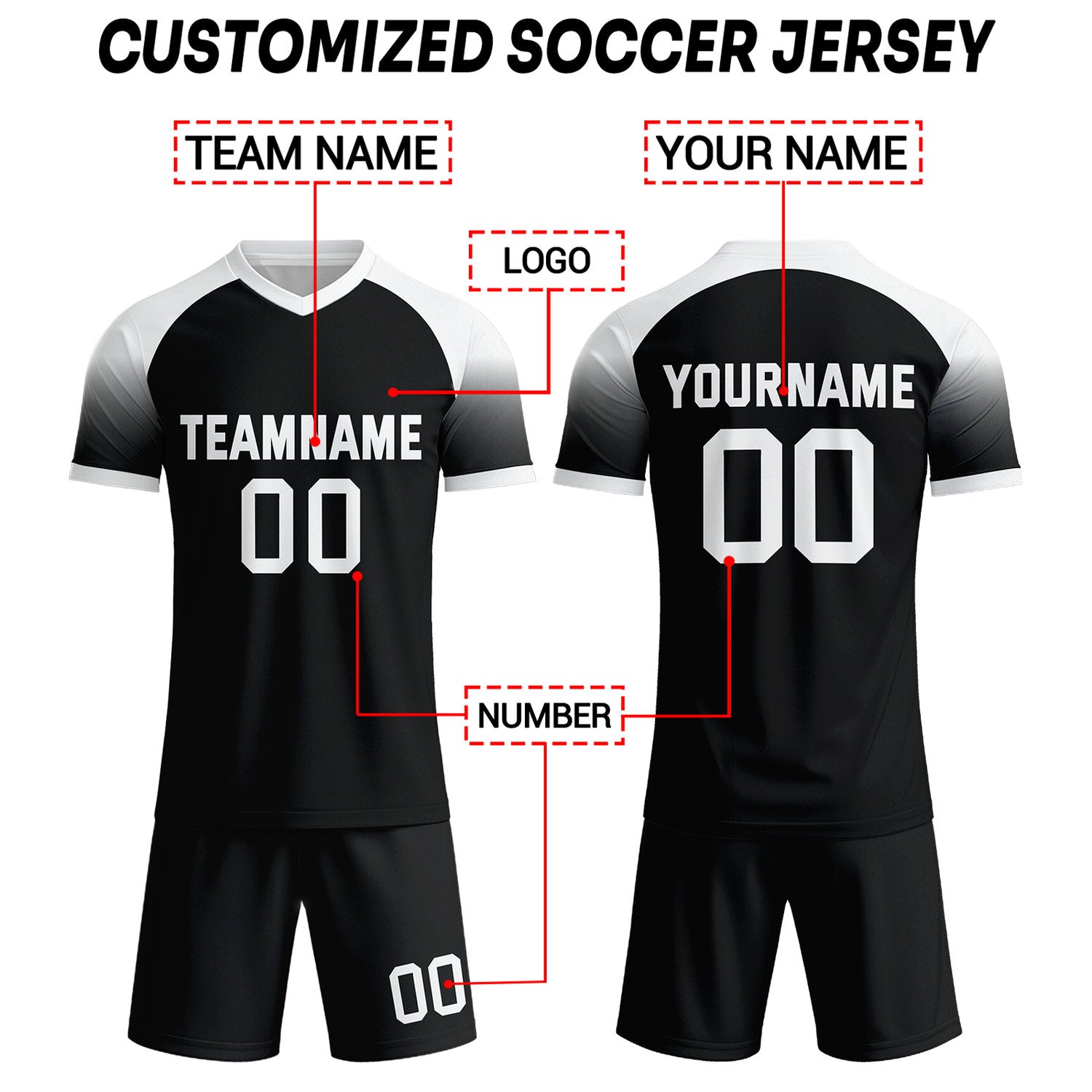 Custom Black & White Raglan Sleeve Soccer Uniform Set for Teams & Individuals | Vosoli