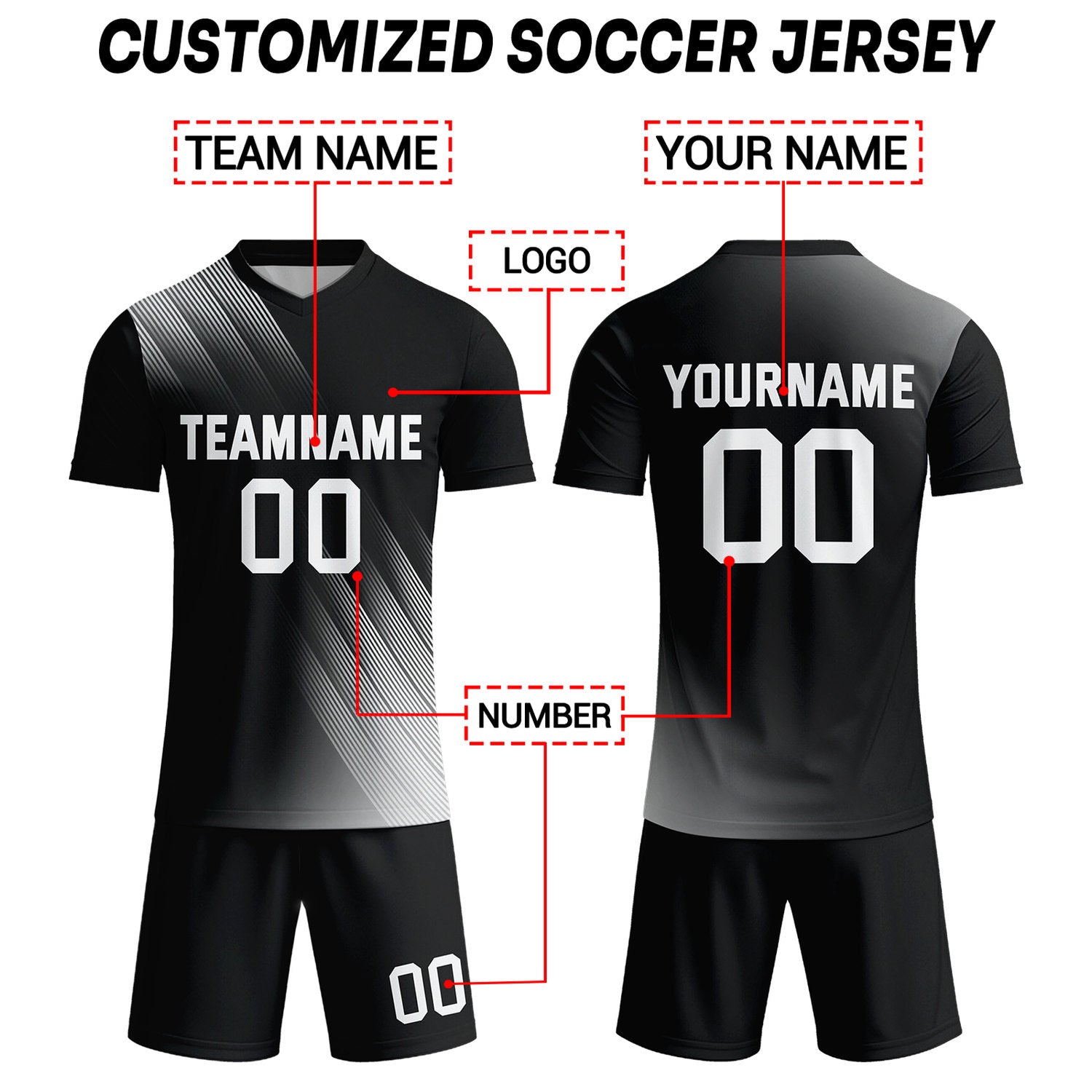 Custom Black & White Stripe Soccer Uniform Set for Teams & Individuals | Vosoli