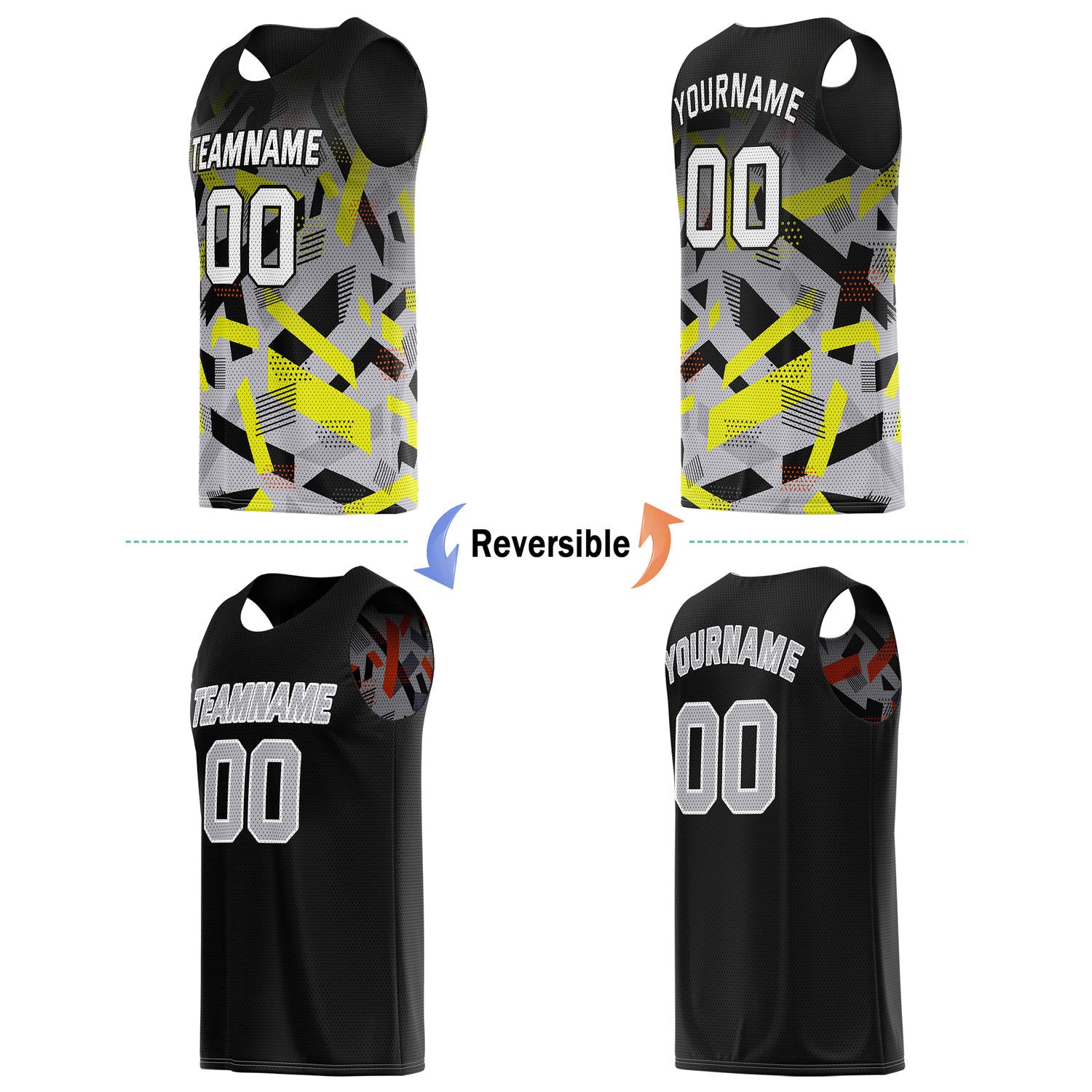 Custom Reversible Basketball Jersey for Individuals & Teams – Black Yellow Grey Abstract Geo | Vosoli