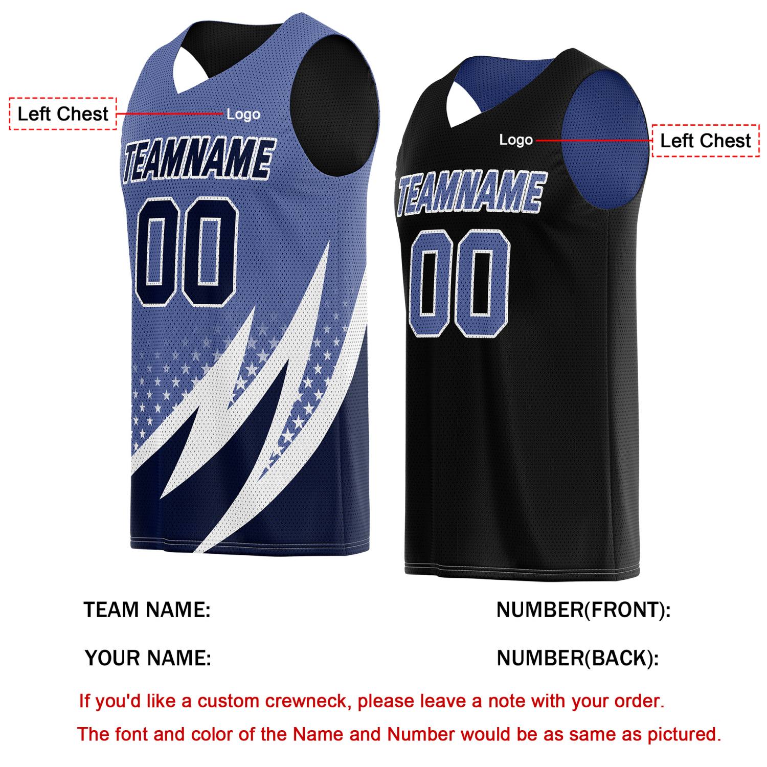 Custom Reversible Basketball Jersey for Individuals & Teams – Blue Black White Star Stripe | Vosoli