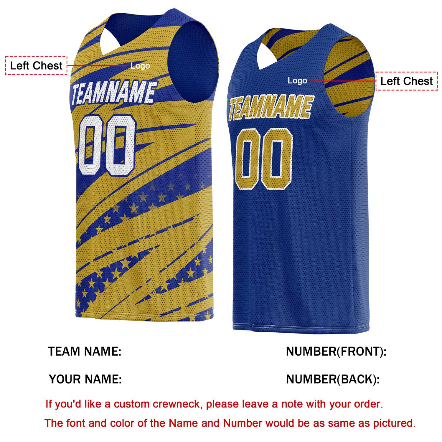 Custom Reversible Basketball Jersey for Individuals & Teams – Blue Gold Star Stripe | Vosoli